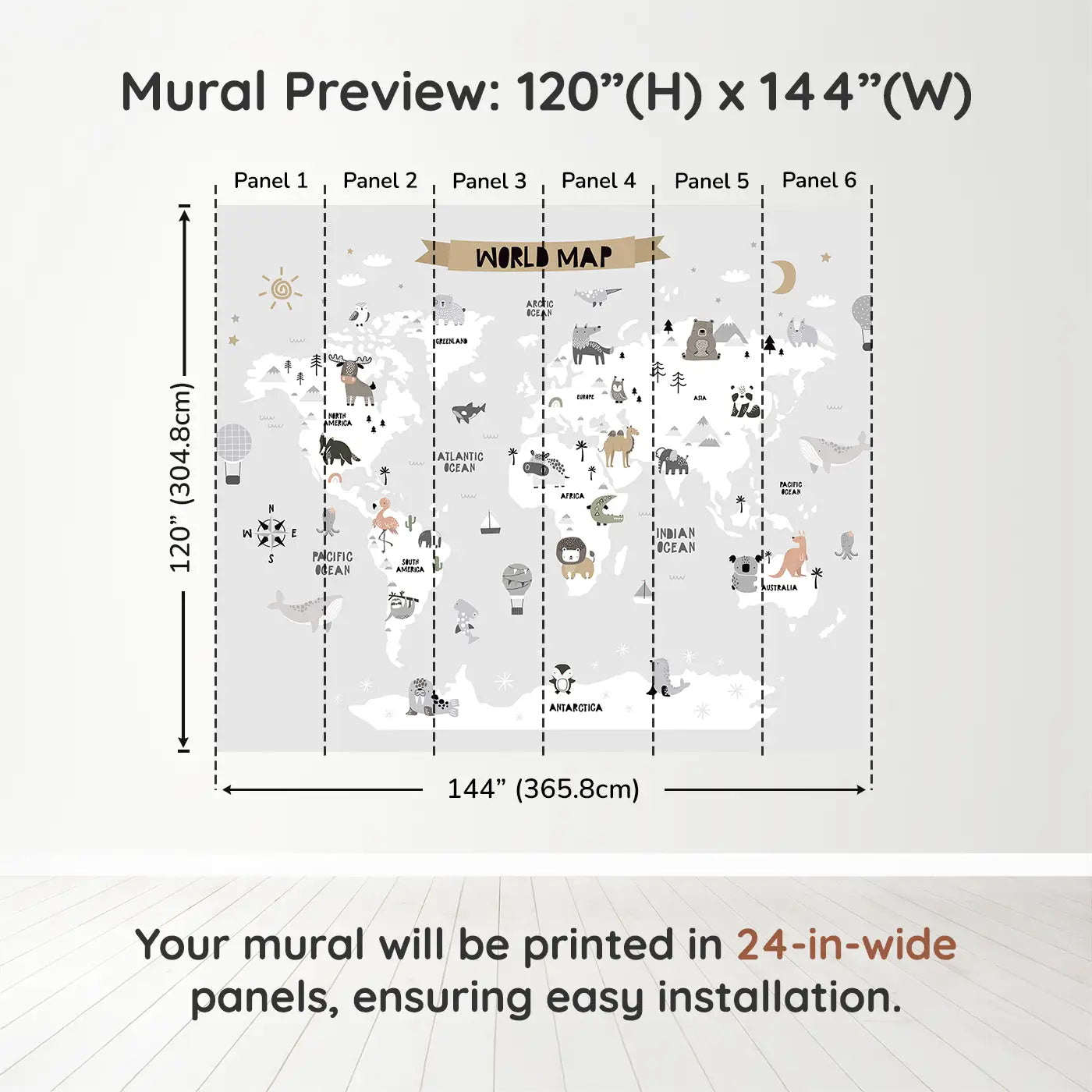 Whimsy Tots Whimsy World Map Wall Muraldimension view (120" H x 144" W). Printed in six 24-inch-wide panels. An enchanting animal-filled map that turns their walls into a world of imagination.