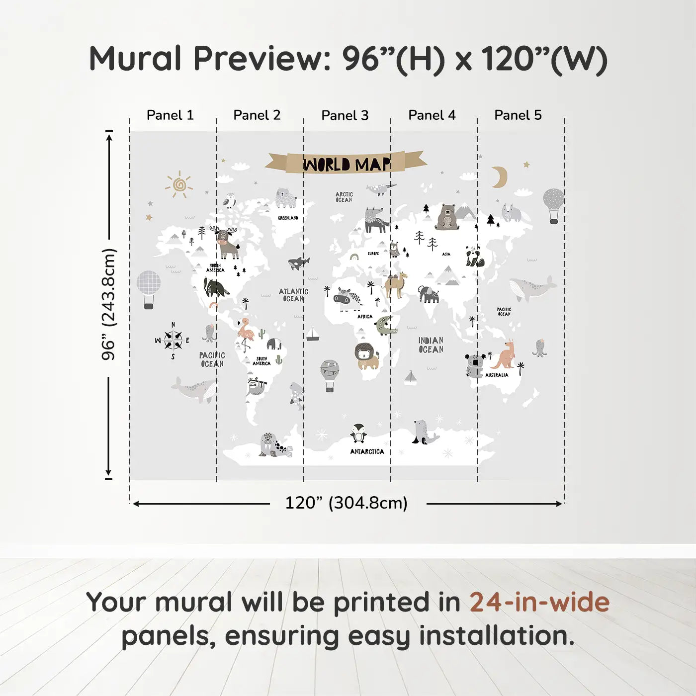 Whimsy Tots Whimsy World Map Wall Muraldimension view (96" H x 120" W). Printed in five 24-inch-wide panels. An enchanting animal-filled map that turns their walls into a world of imagination.