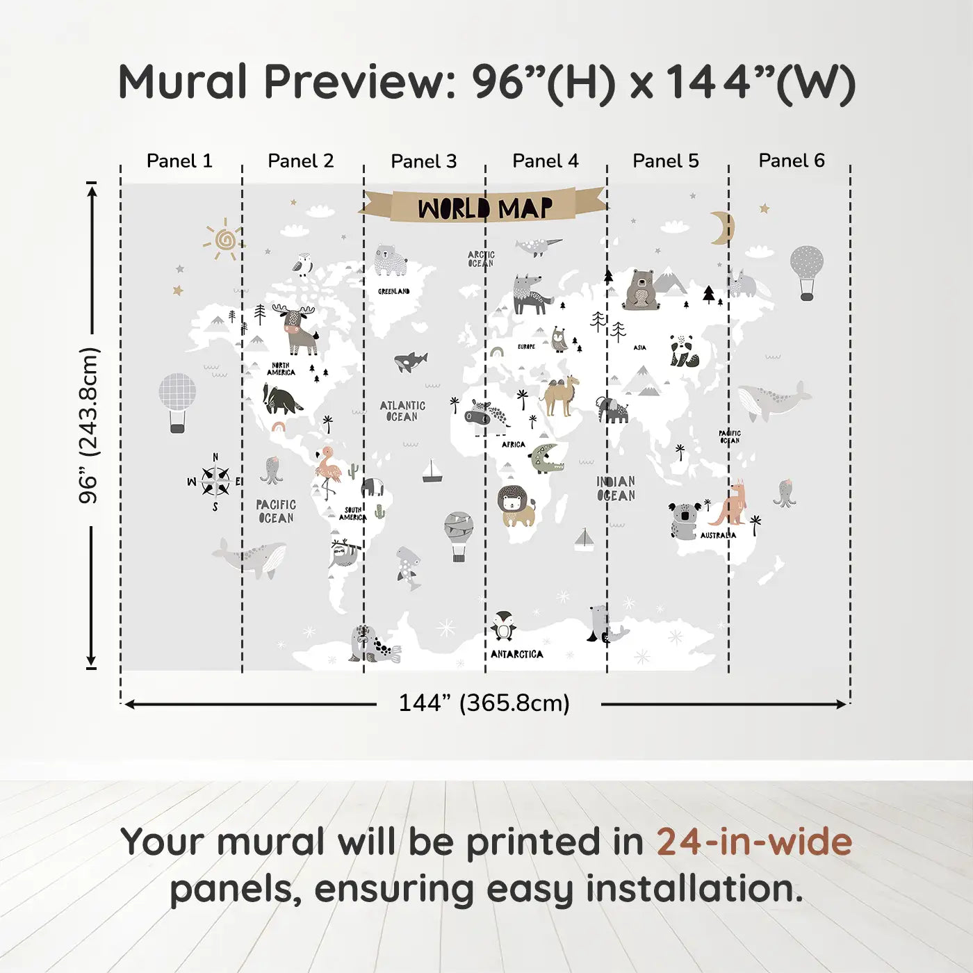 Whimsy Tots Whimsy World Map Wall Muraldimension view (96" H x 144" W). Printed in six 24-inch-wide panels. An enchanting animal-filled map that turns their walls into a world of imagination.