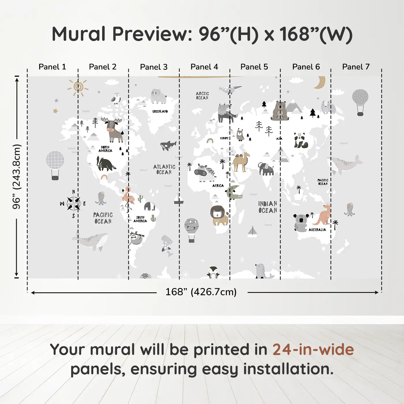 Whimsy Tots Whimsy World Map Wall Muraldimension view (96" H x 168" W). Printed in seven 24-inch-wide panels. An enchanting animal-filled map that turns their walls into a world of imagination.