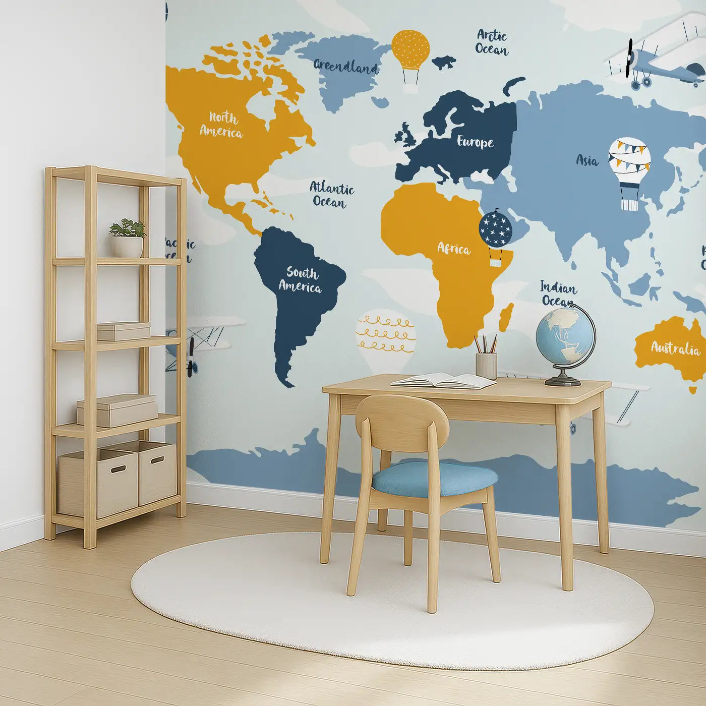 Angled view of Whimsy Tots' Skyward Adventure Map Wall Mural (M0230).Soar above continents and oceans with planes, balloons and wonder.