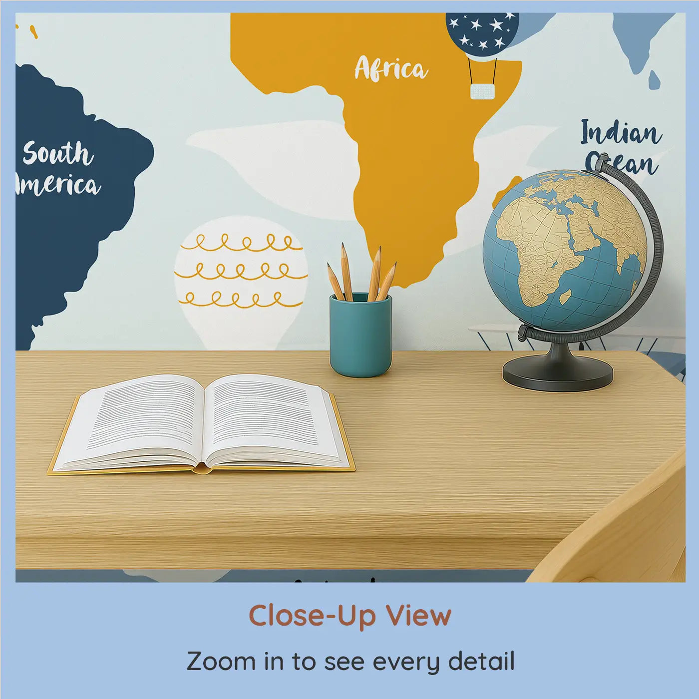 Close-up view of Whimsy Tots' Skyward Adventure Map Wall Mural (M0230).Soar above continents and oceans with planes, balloons and wonder.
