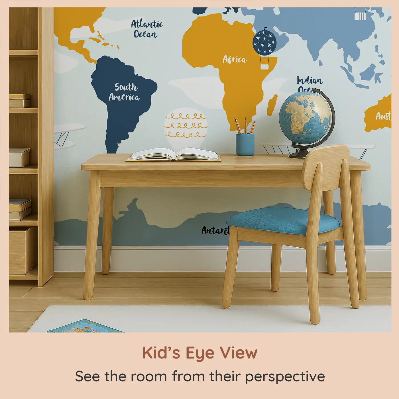 Whimsy Tots Skyward Adventure Map Wall Mural (M0230) from your child's view.Soar above continents and oceans with planes, balloons and wonder.