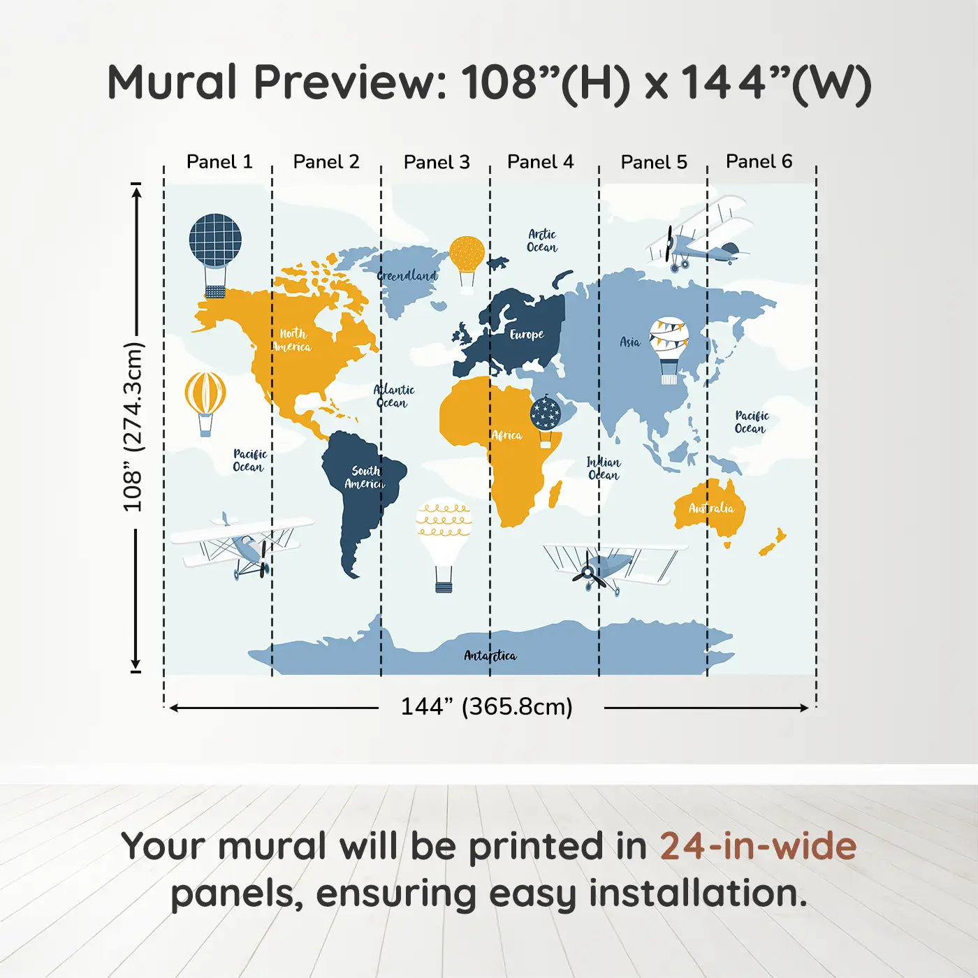 Whimsy Tots Skyward Adventure Map Wall Muraldimension view (108" H x 144" W). Printed in six 24-inch-wide panels. Soar above continents and oceans with planes, balloons and wonder.