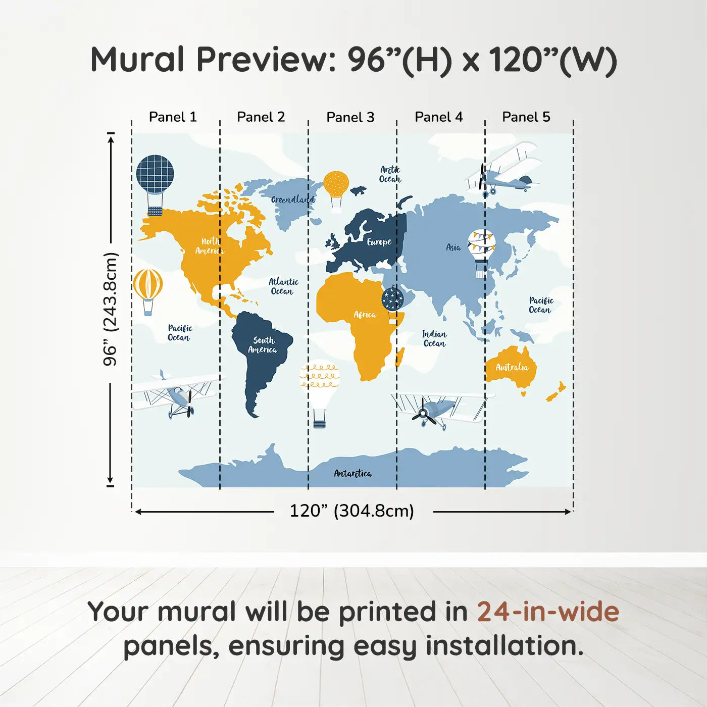 Whimsy Tots Skyward Adventure Map Wall Muraldimension view (96" H x 120" W). Printed in five 24-inch-wide panels. Soar above continents and oceans with planes, balloons and wonder.