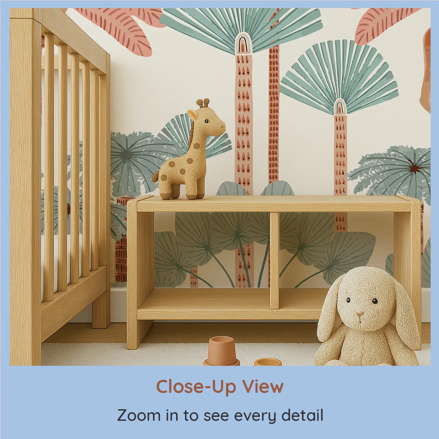 Close-up view of Whimsy Tots' Playful Jungle Monkeys Wall Mural (M0232).Curious monkeys swing between palms in this cheerful jungle scene.