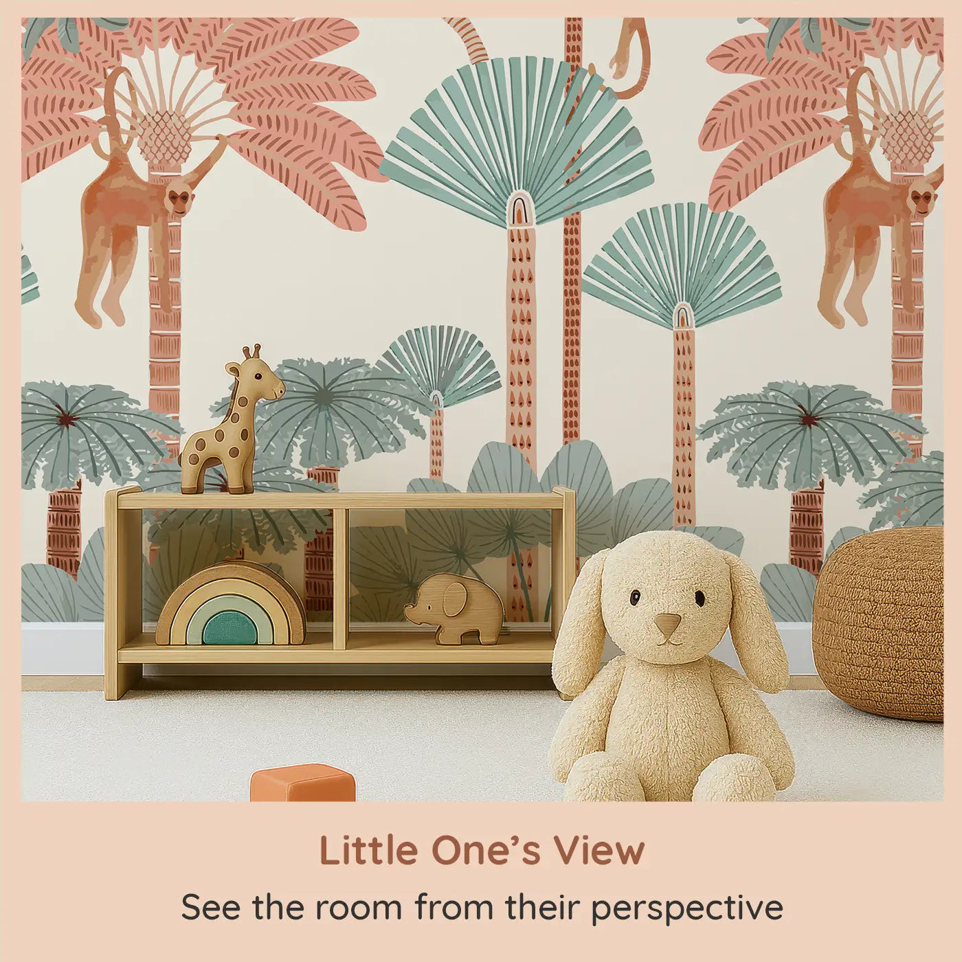 Whimsy Tots Playful Jungle Monkeys Wall Mural (M0232) from your child's view.Curious monkeys swing between palms in this cheerful jungle scene.