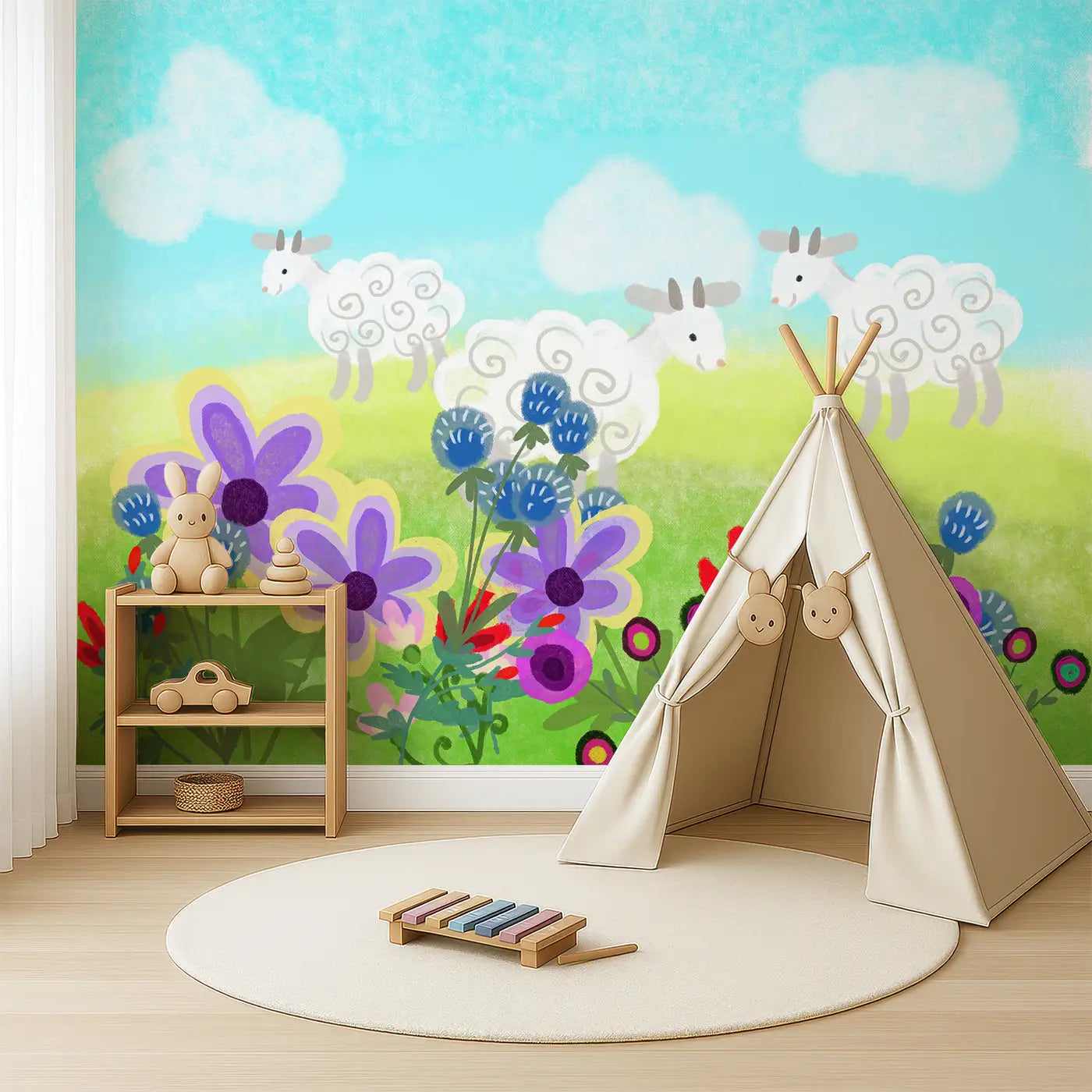 Angled view of Whimsy Tots' Fluffy Sheep Meadow Wall Mural (M0235).Spiraled sheep graze among bright blooms and rolling hills.
