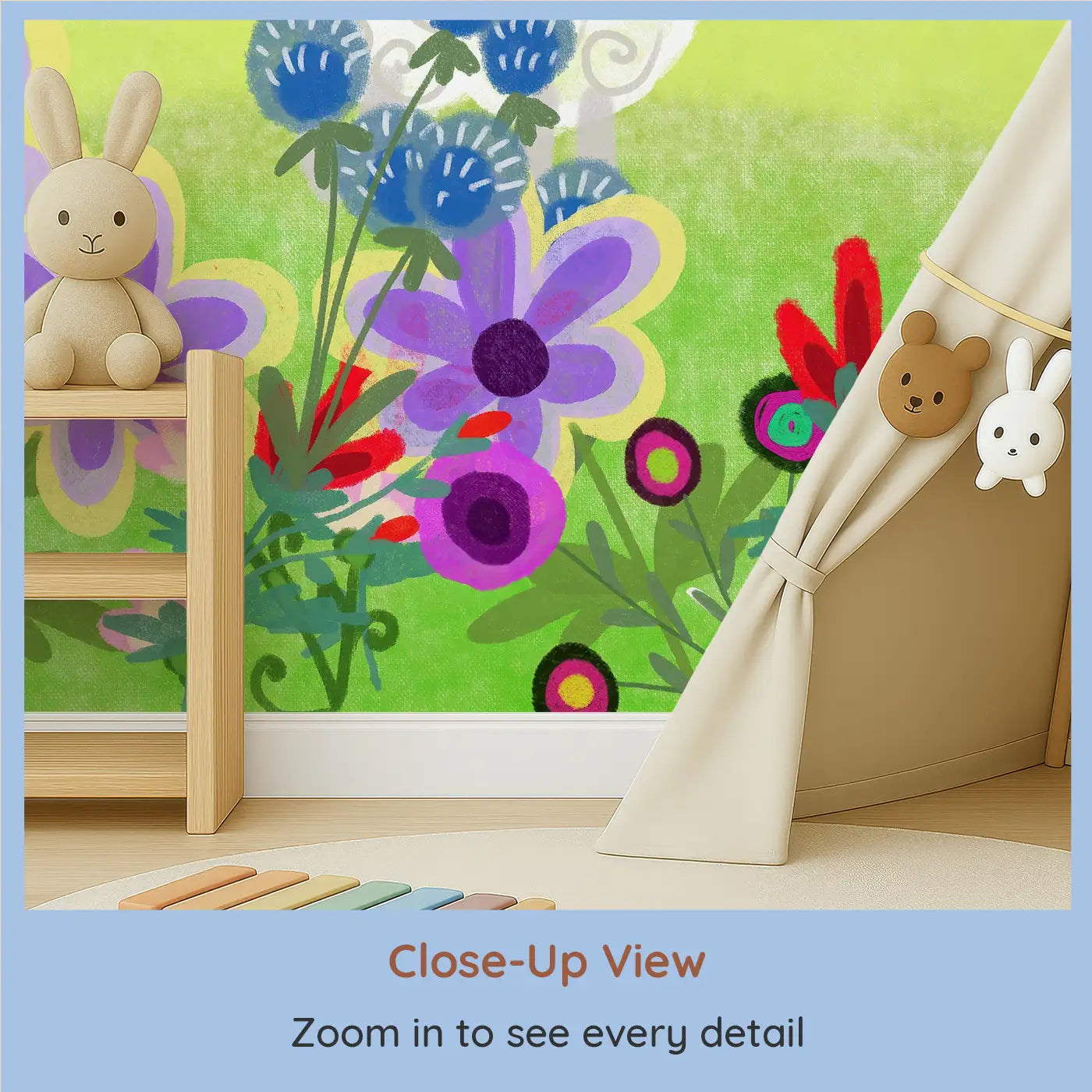 Close-up view of Whimsy Tots' Fluffy Sheep Meadow Wall Mural (M0235).Spiraled sheep graze among bright blooms and rolling hills.