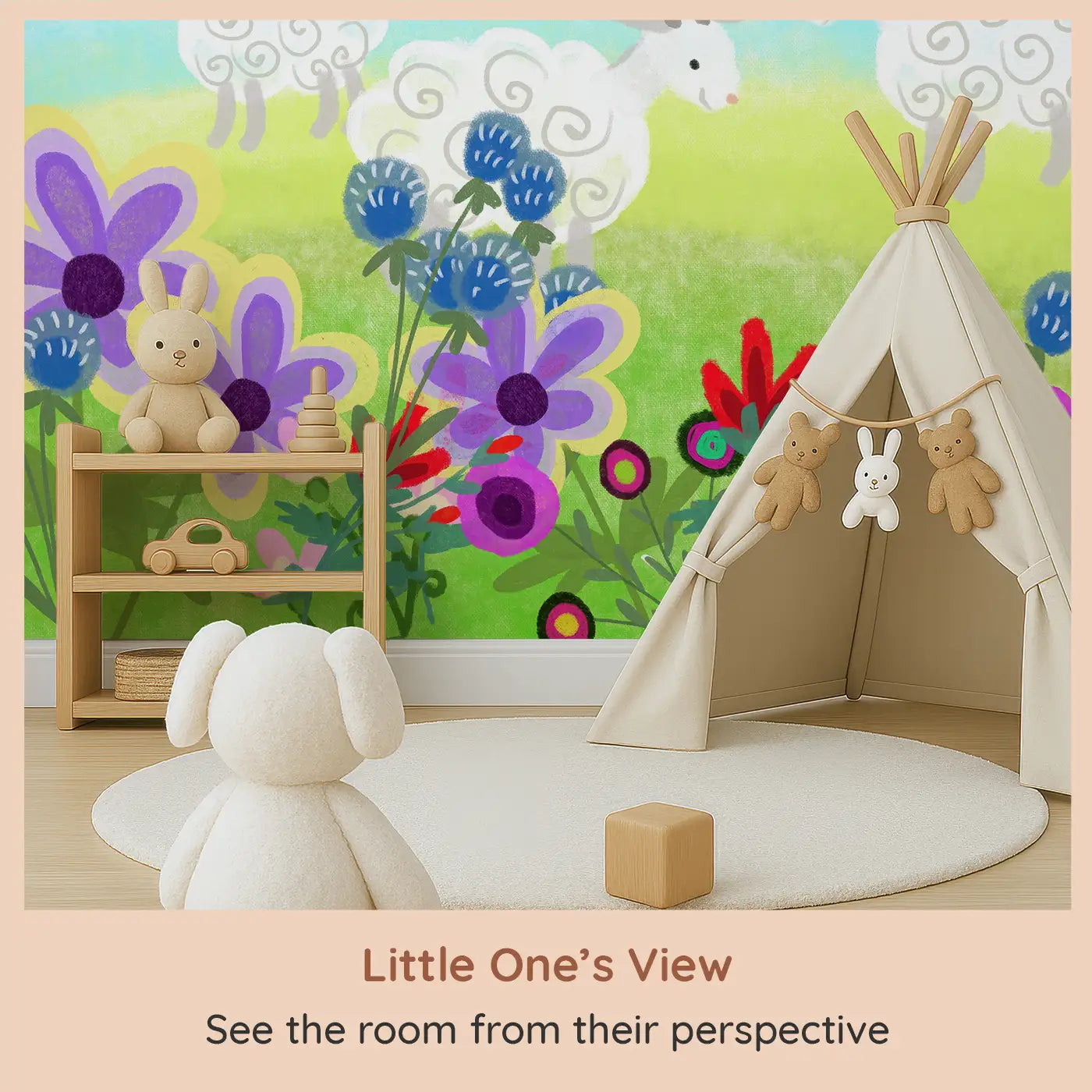 Whimsy Tots Fluffy Sheep Meadow Wall Mural (M0235) from your child's view.Spiraled sheep graze among bright blooms and rolling hills.