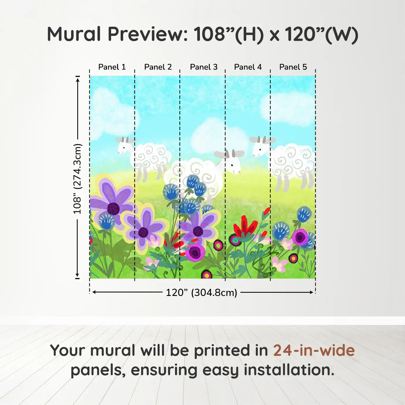 Whimsy Tots Fluffy Sheep Meadow Wall Muraldimension view (108" H x 120" W). Printed in five 24-inch-wide panels. Spiraled sheep graze among bright blooms and rolling hills.