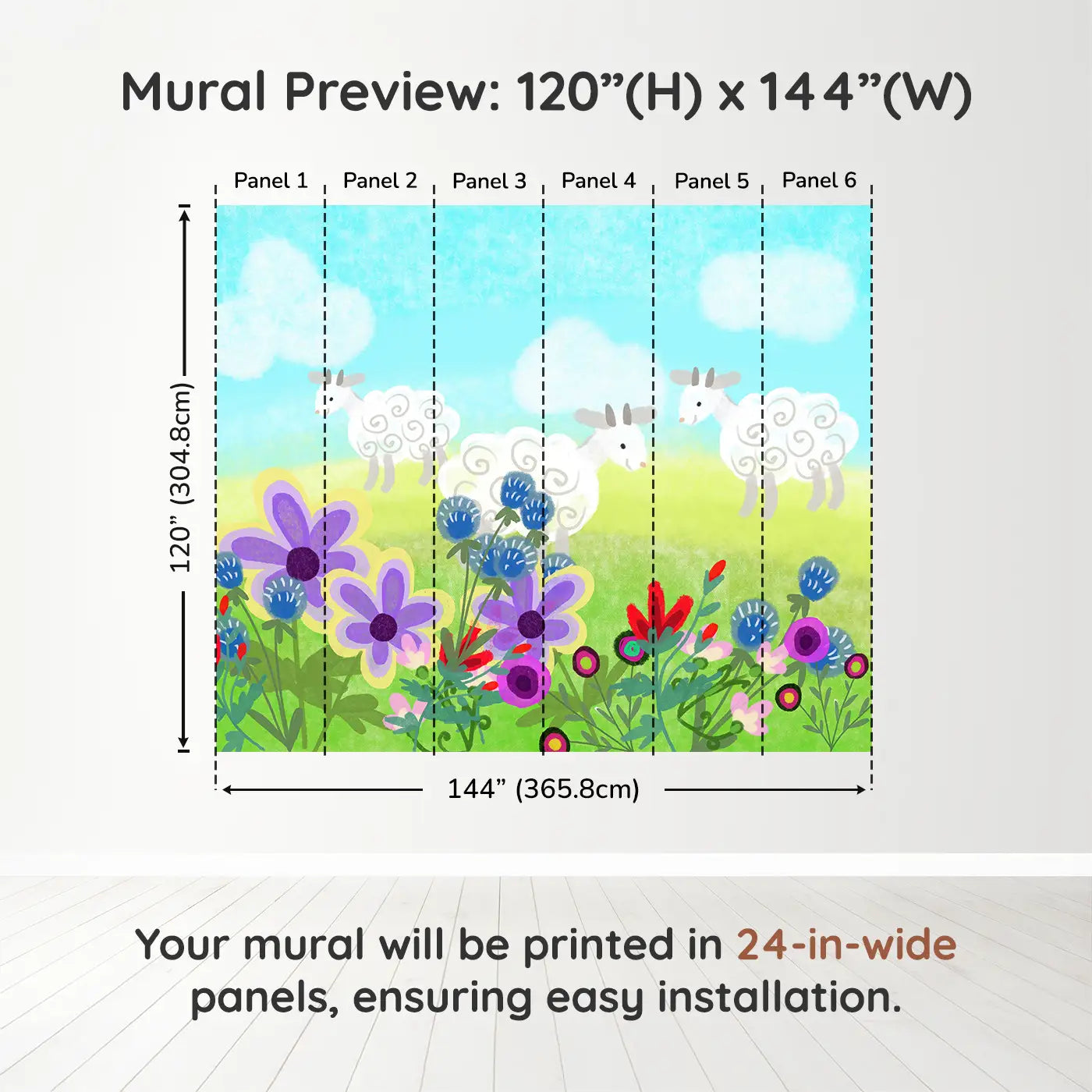 Whimsy Tots Fluffy Sheep Meadow Wall Muraldimension view (120" H x 144" W). Printed in six 24-inch-wide panels. Spiraled sheep graze among bright blooms and rolling hills.