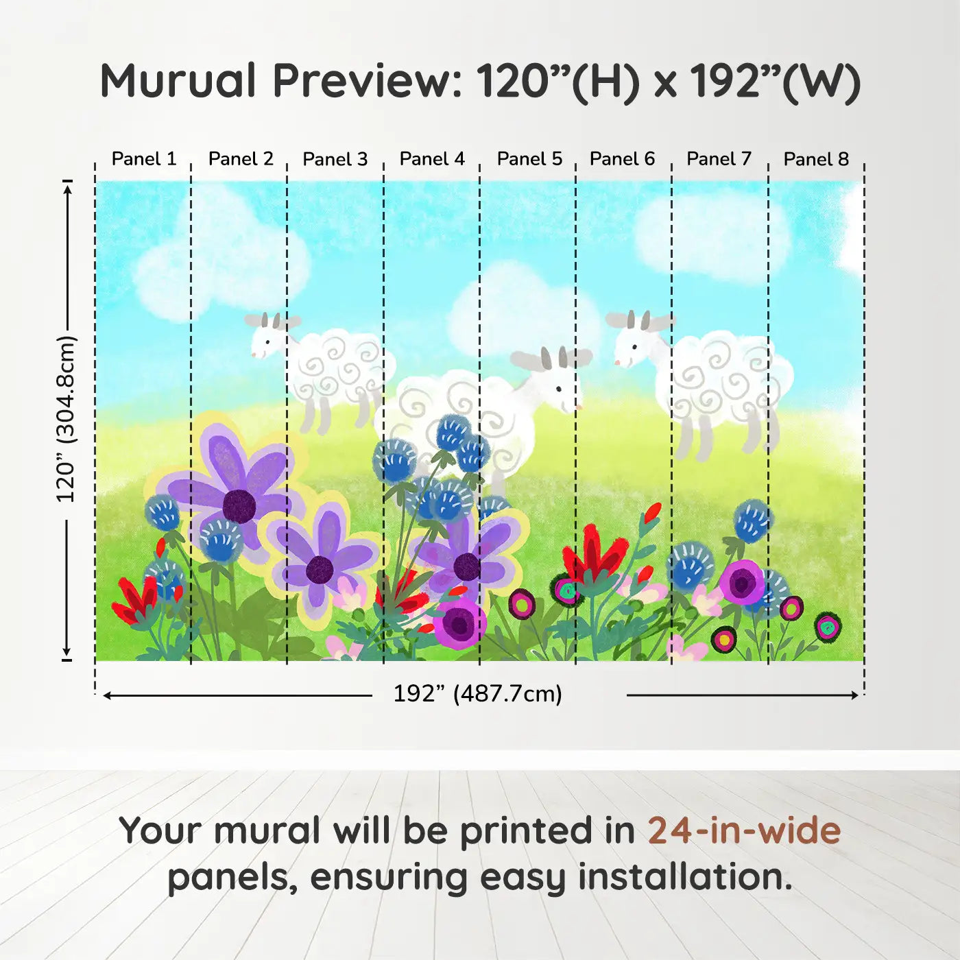 Whimsy Tots Fluffy Sheep Meadow Wall Muraldimension view (120" H x 192" W). Printed in eight 24-inch-wide panels. Spiraled sheep graze among bright blooms and rolling hills.