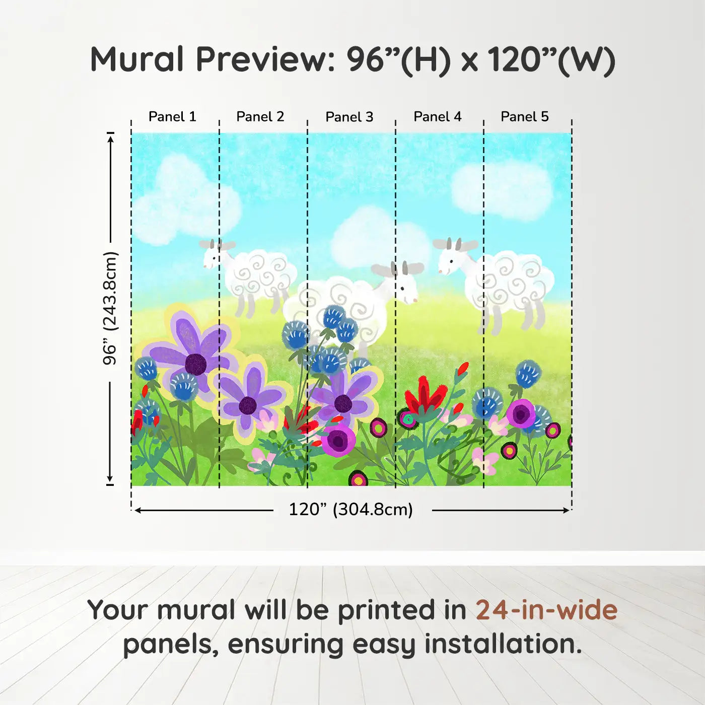 Whimsy Tots Fluffy Sheep Meadow Wall Muraldimension view (96" H x 120" W). Printed in five 24-inch-wide panels. Spiraled sheep graze among bright blooms and rolling hills.