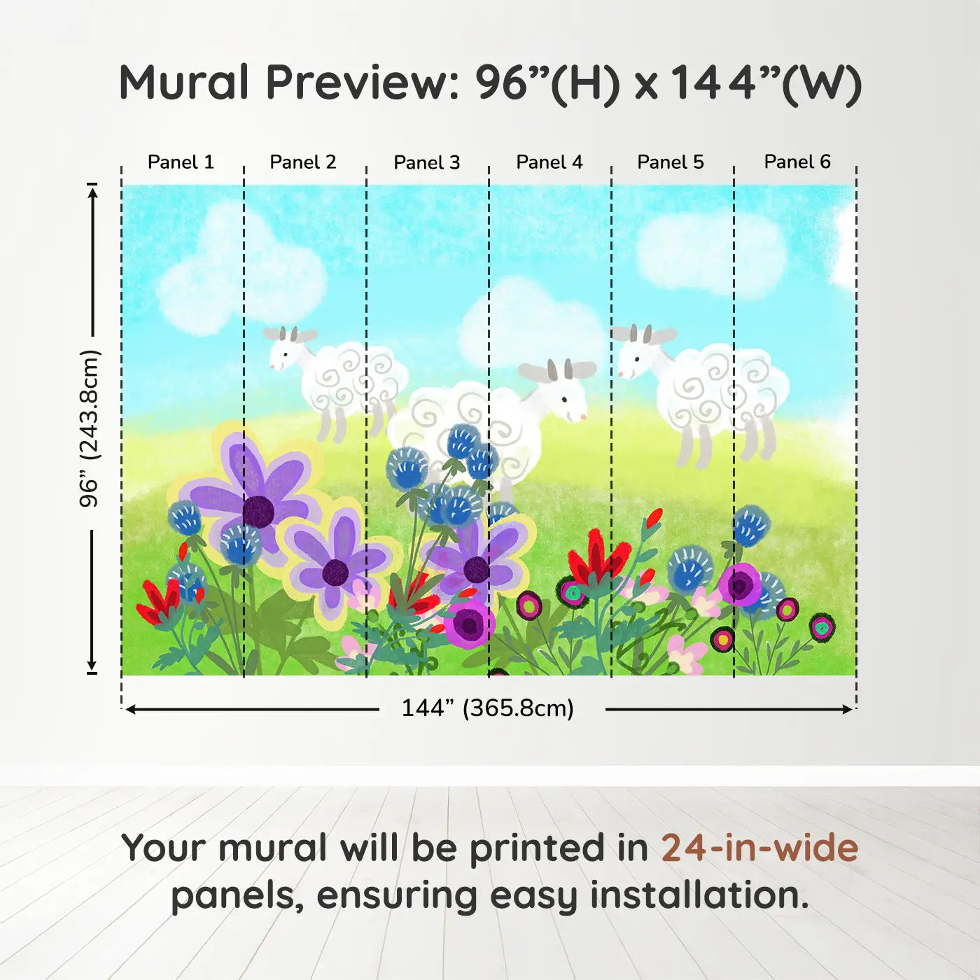Whimsy Tots Fluffy Sheep Meadow Wall Muraldimension view (96" H x 144" W). Printed in six 24-inch-wide panels. Spiraled sheep graze among bright blooms and rolling hills.