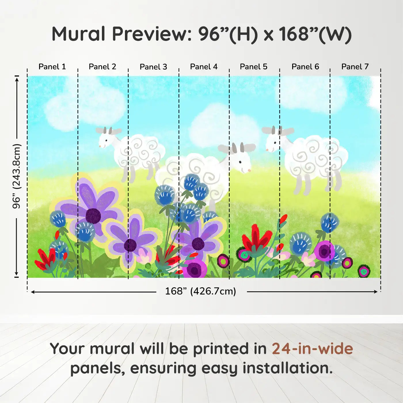 Whimsy Tots Fluffy Sheep Meadow Wall Muraldimension view (96" H x 168" W). Printed in seven 24-inch-wide panels. Spiraled sheep graze among bright blooms and rolling hills.