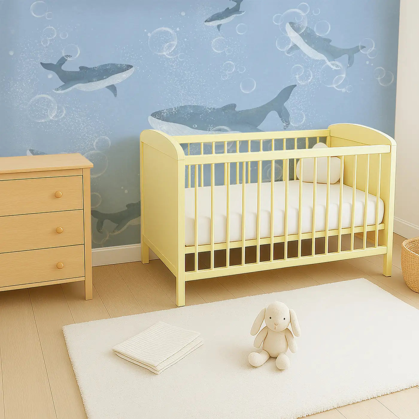 Angled view of Whimsy Tots' Bubble Whale Wonderland Wall Mural (M0237).Whales drift through bubbly blue depths in a sea of calm and wonder.