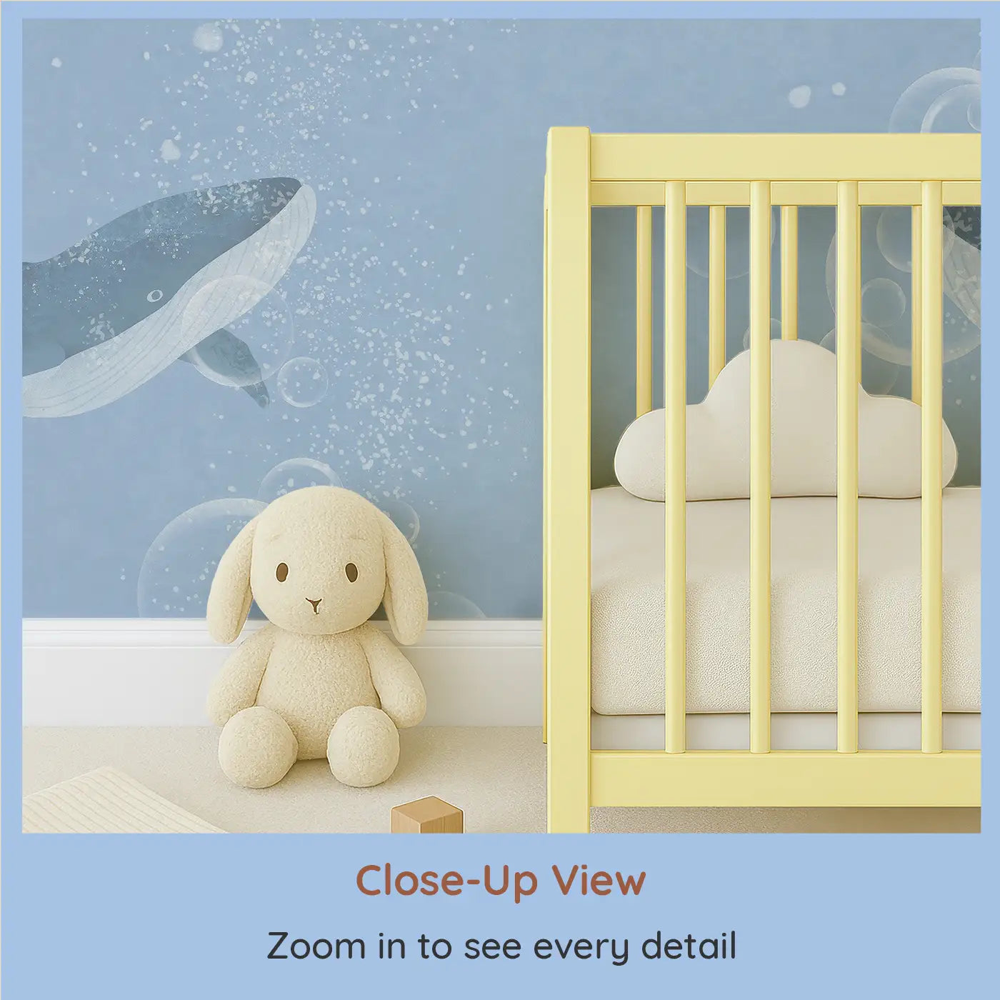 Close-up view of Whimsy Tots' Bubble Whale Wonderland Wall Mural (M0237).Whales drift through bubbly blue depths in a sea of calm and wonder.