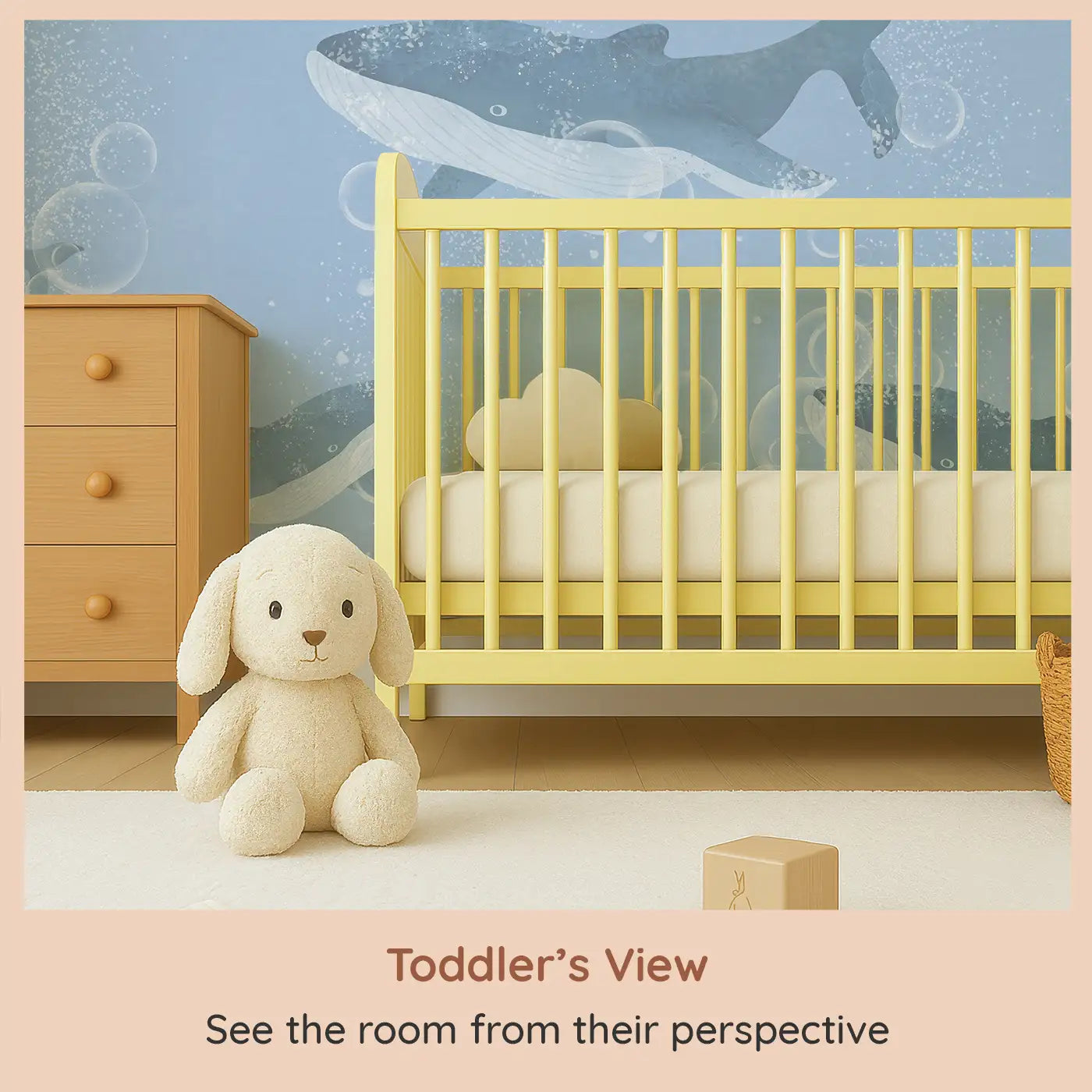 Whimsy Tots Bubble Whale Wonderland Wall Mural (M0237) from your child's view.Whales drift through bubbly blue depths in a sea of calm and wonder.