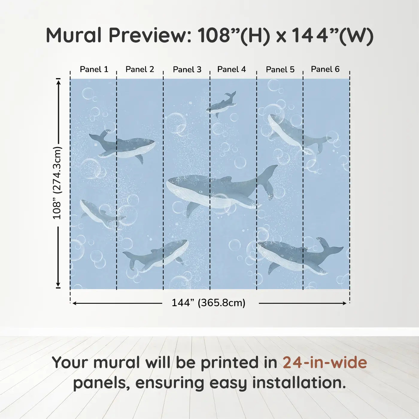 Whimsy Tots Bubble Whale Wonderland Wall Muraldimension view (108" H x 144" W). Printed in six 24-inch-wide panels. Whales drift through bubbly blue depths in a sea of calm and wonder.