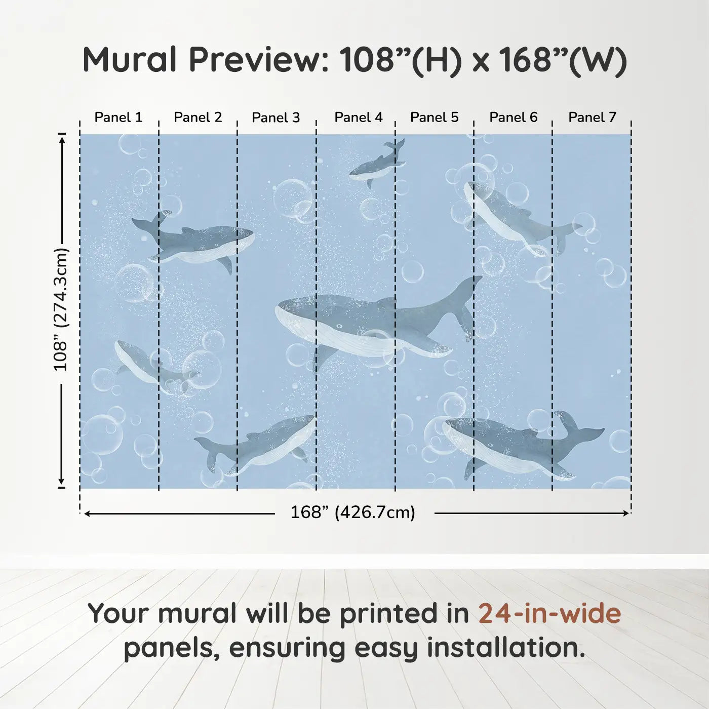 Whimsy Tots Bubble Whale Wonderland Wall Muraldimension view (108" H x 168" W). Printed in seven 24-inch-wide panels. Whales drift through bubbly blue depths in a sea of calm and wonder.