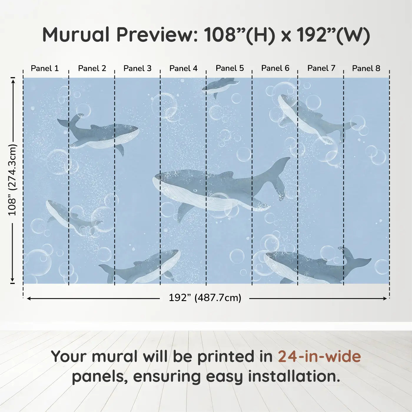 Whimsy Tots Bubble Whale Wonderland Wall Muraldimension view (108" H x 192" W). Printed in eight 24-inch-wide panels. Whales drift through bubbly blue depths in a sea of calm and wonder.