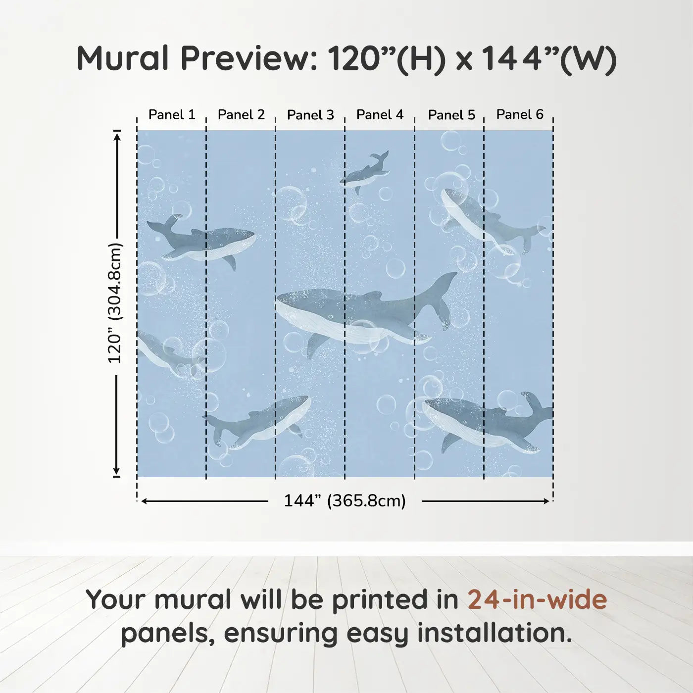 Whimsy Tots Bubble Whale Wonderland Wall Muraldimension view (120" H x 144" W). Printed in six 24-inch-wide panels. Whales drift through bubbly blue depths in a sea of calm and wonder.