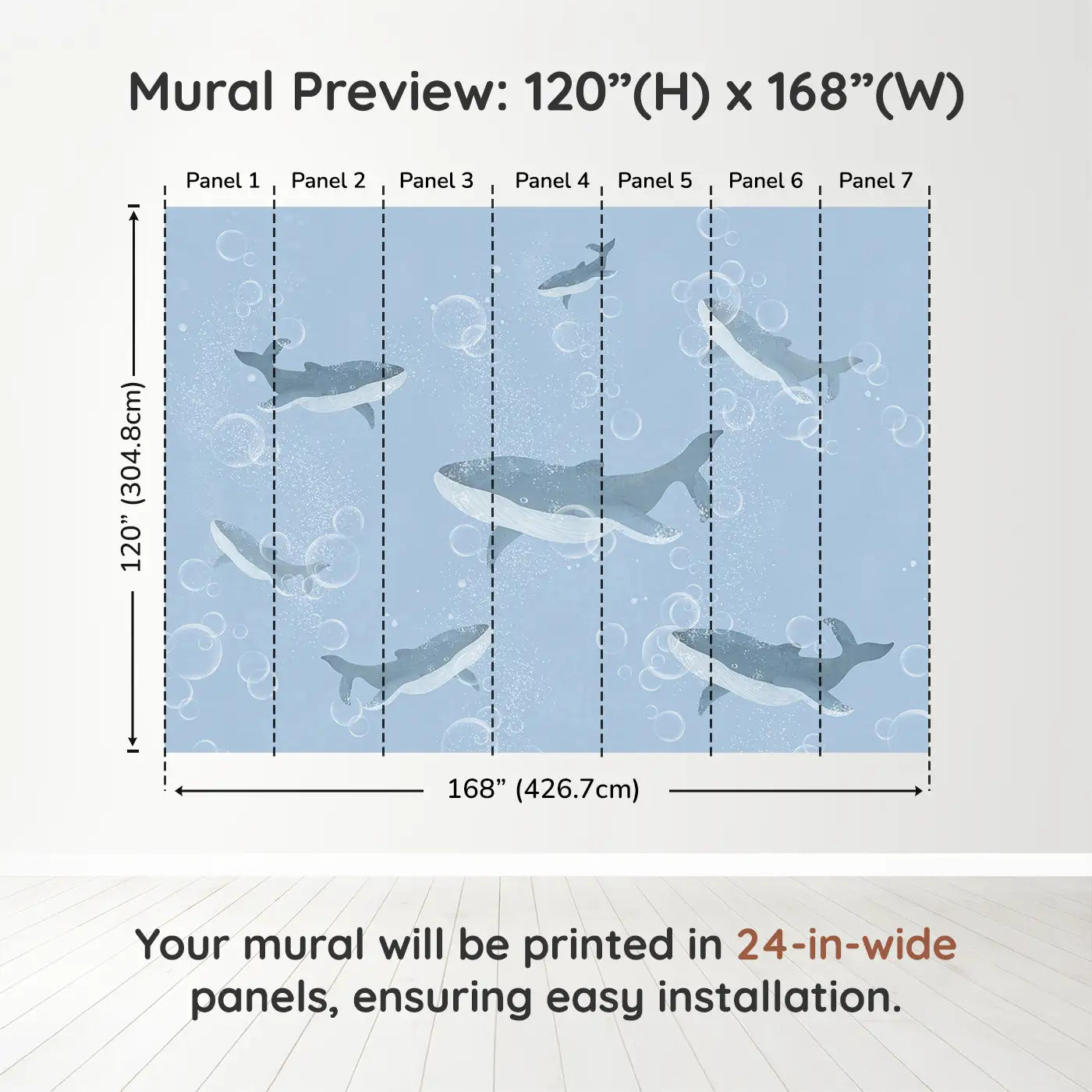 Whimsy Tots Bubble Whale Wonderland Wall Muraldimension view (120" H x 168" W). Printed in seven 24-inch-wide panels. Whales drift through bubbly blue depths in a sea of calm and wonder.