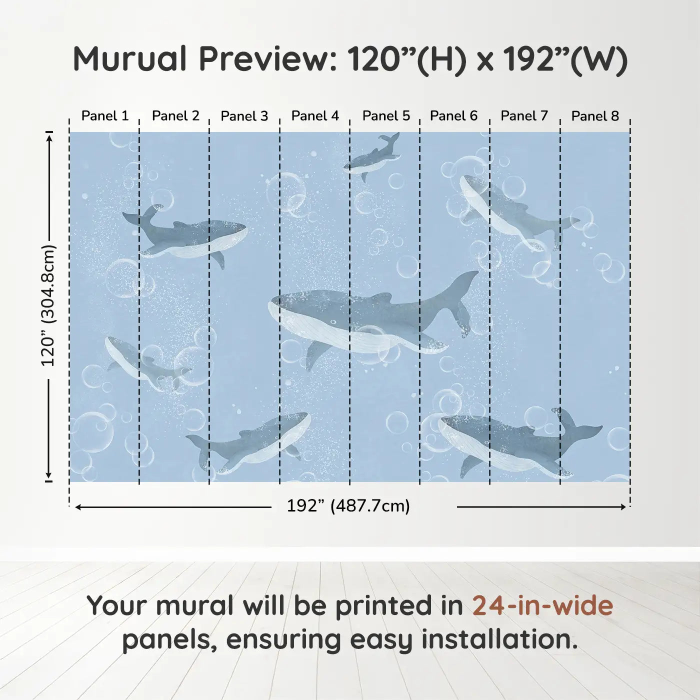 Whimsy Tots Bubble Whale Wonderland Wall Muraldimension view (120" H x 192" W). Printed in eight 24-inch-wide panels. Whales drift through bubbly blue depths in a sea of calm and wonder.
