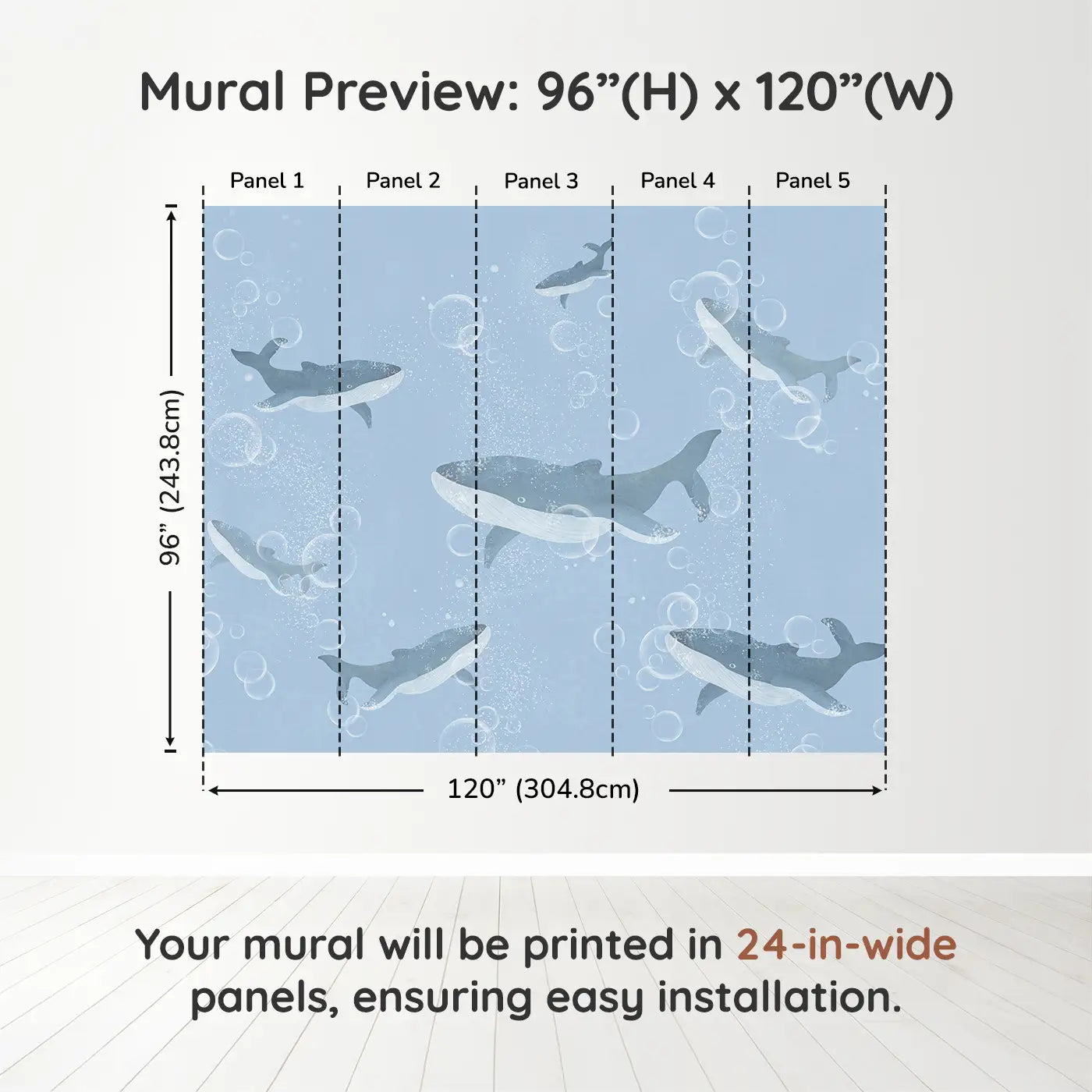 Whimsy Tots Bubble Whale Wonderland Wall Muraldimension view (96" H x 120" W). Printed in five 24-inch-wide panels. Whales drift through bubbly blue depths in a sea of calm and wonder.