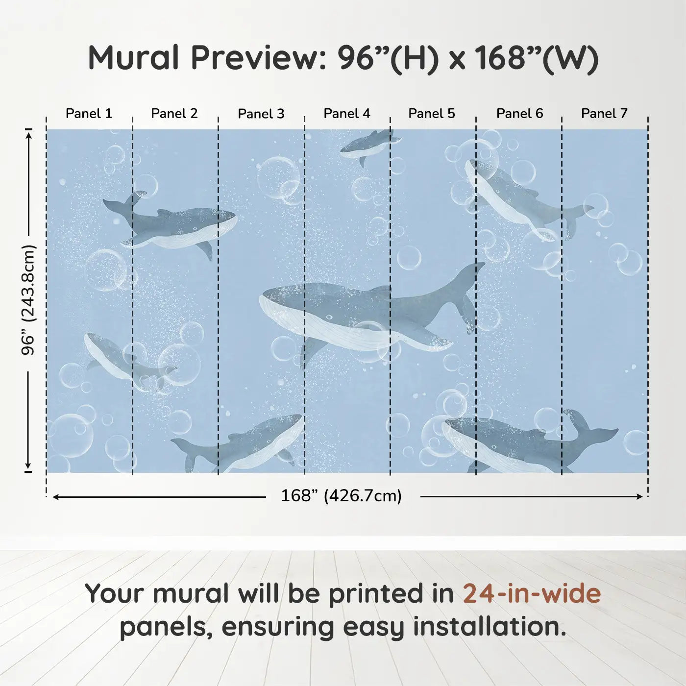 Whimsy Tots Bubble Whale Wonderland Wall Muraldimension view (96" H x 168" W). Printed in seven 24-inch-wide panels. Whales drift through bubbly blue depths in a sea of calm and wonder.