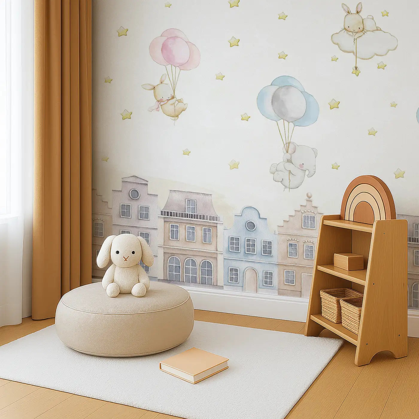 Angled view of Whimsy Tots' Balloon Adventure Friends Wall Mural (M0238).Gentle animals float over rooftops on balloon rides through a starlit sky.