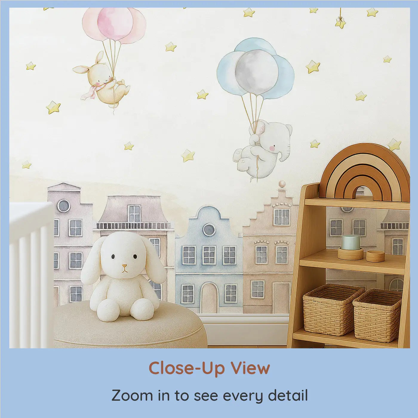 Close-up view of Whimsy Tots' Balloon Adventure Friends Wall Mural (M0238).Gentle animals float over rooftops on balloon rides through a starlit sky.