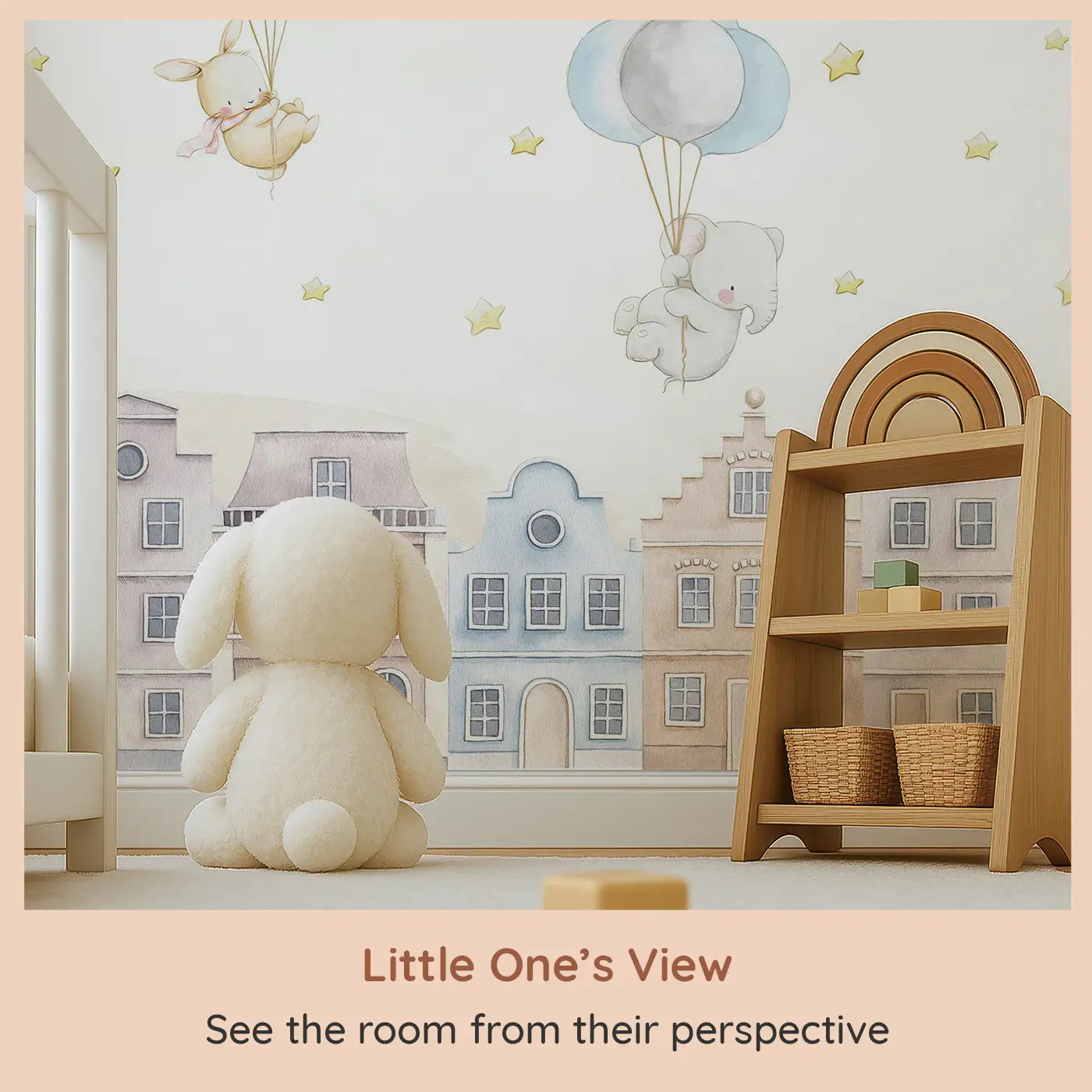 Whimsy Tots Balloon Adventure Friends Wall Mural (M0238) from your child's view.Gentle animals float over rooftops on balloon rides through a starlit sky.