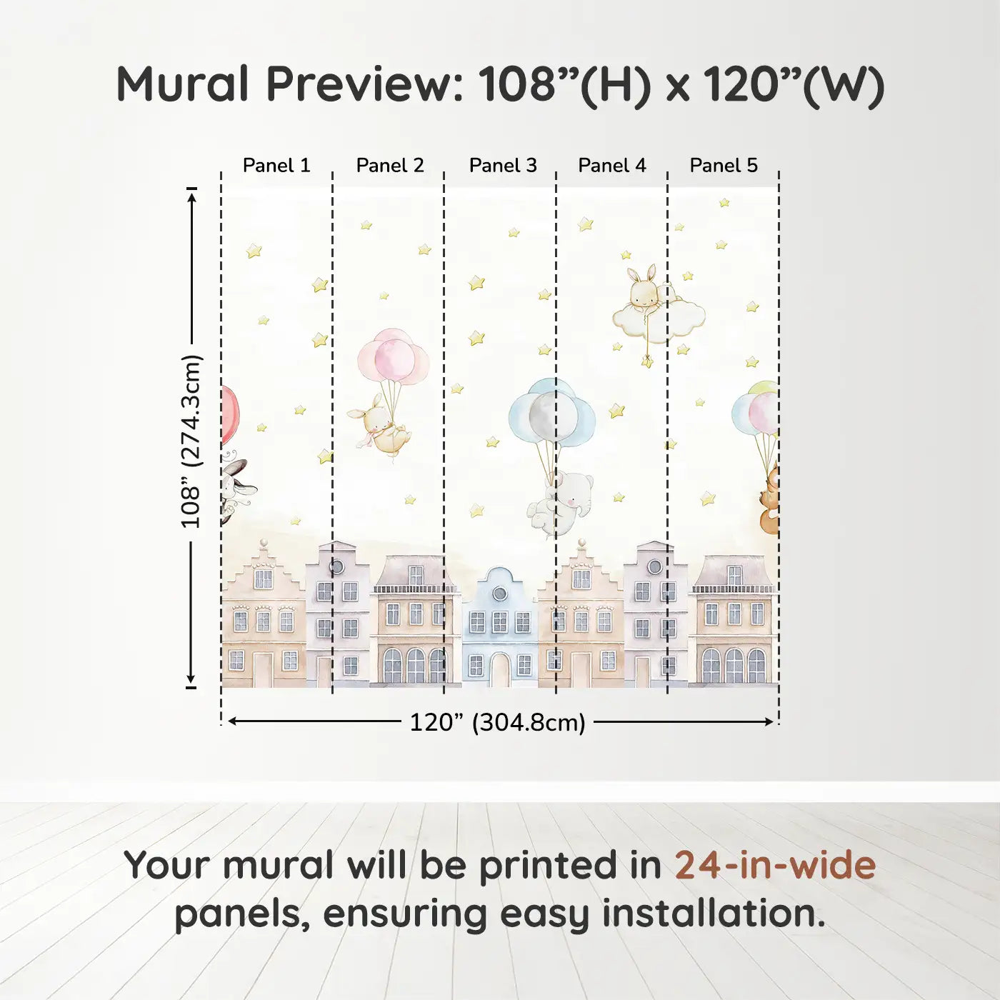 Whimsy Tots Balloon Adventure Friends Wall Muraldimension view (108" H x 120" W). Printed in five 24-inch-wide panels. Gentle animals float over rooftops on balloon rides through a starlit sky.