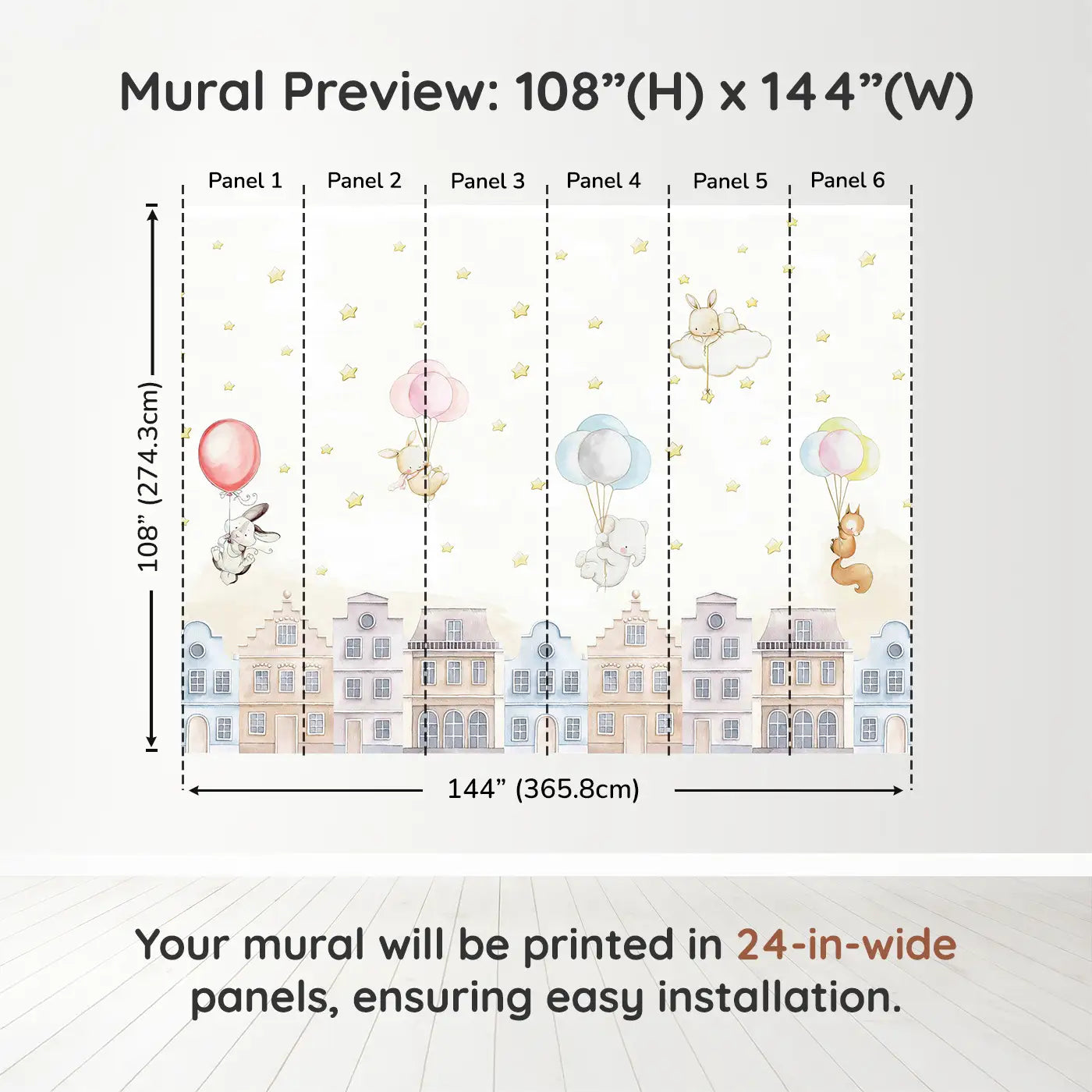 Whimsy Tots Balloon Adventure Friends Wall Muraldimension view (108" H x 144" W). Printed in six 24-inch-wide panels. Gentle animals float over rooftops on balloon rides through a starlit sky.