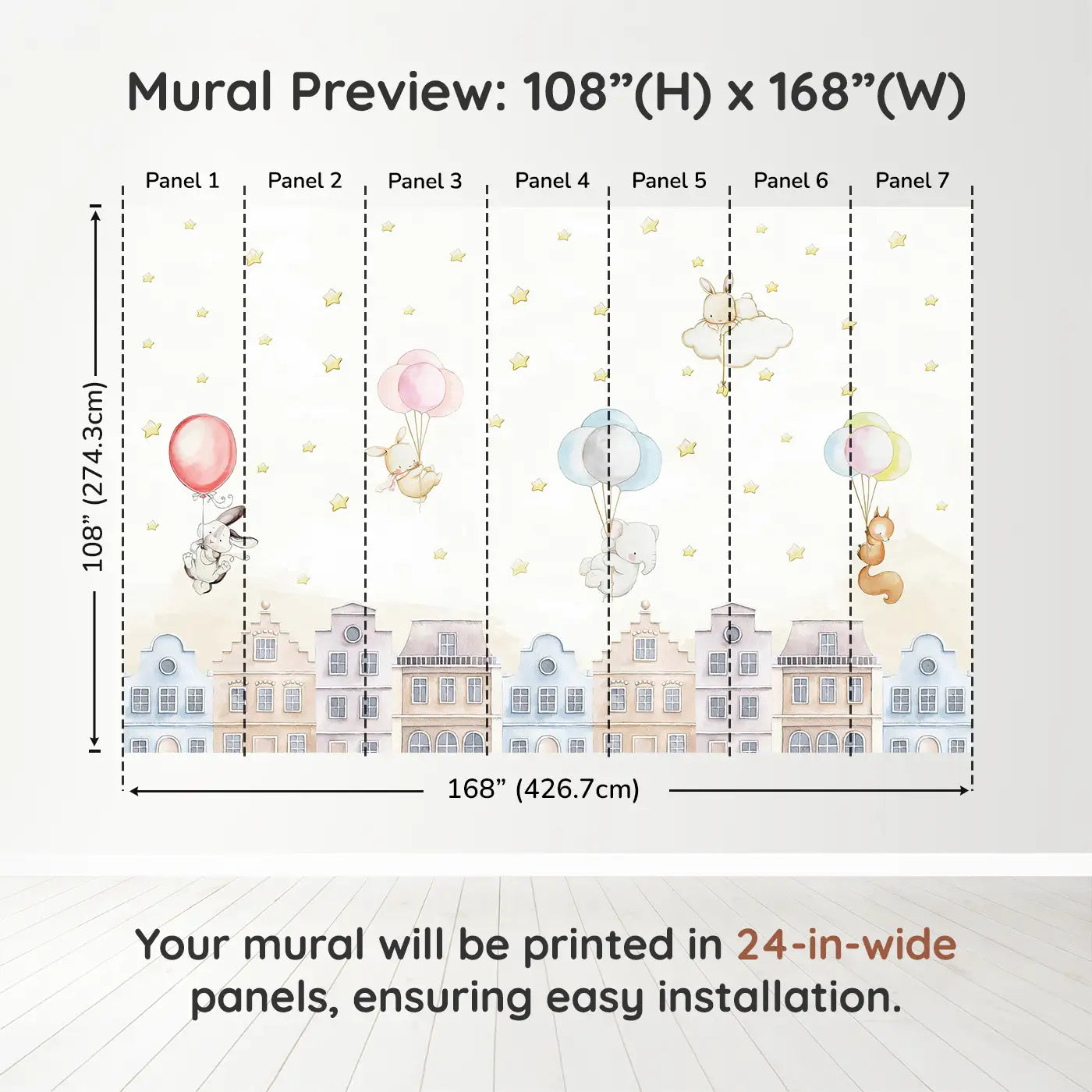 Whimsy Tots Balloon Adventure Friends Wall Muraldimension view (108" H x 168" W). Printed in seven 24-inch-wide panels. Gentle animals float over rooftops on balloon rides through a starlit sky.