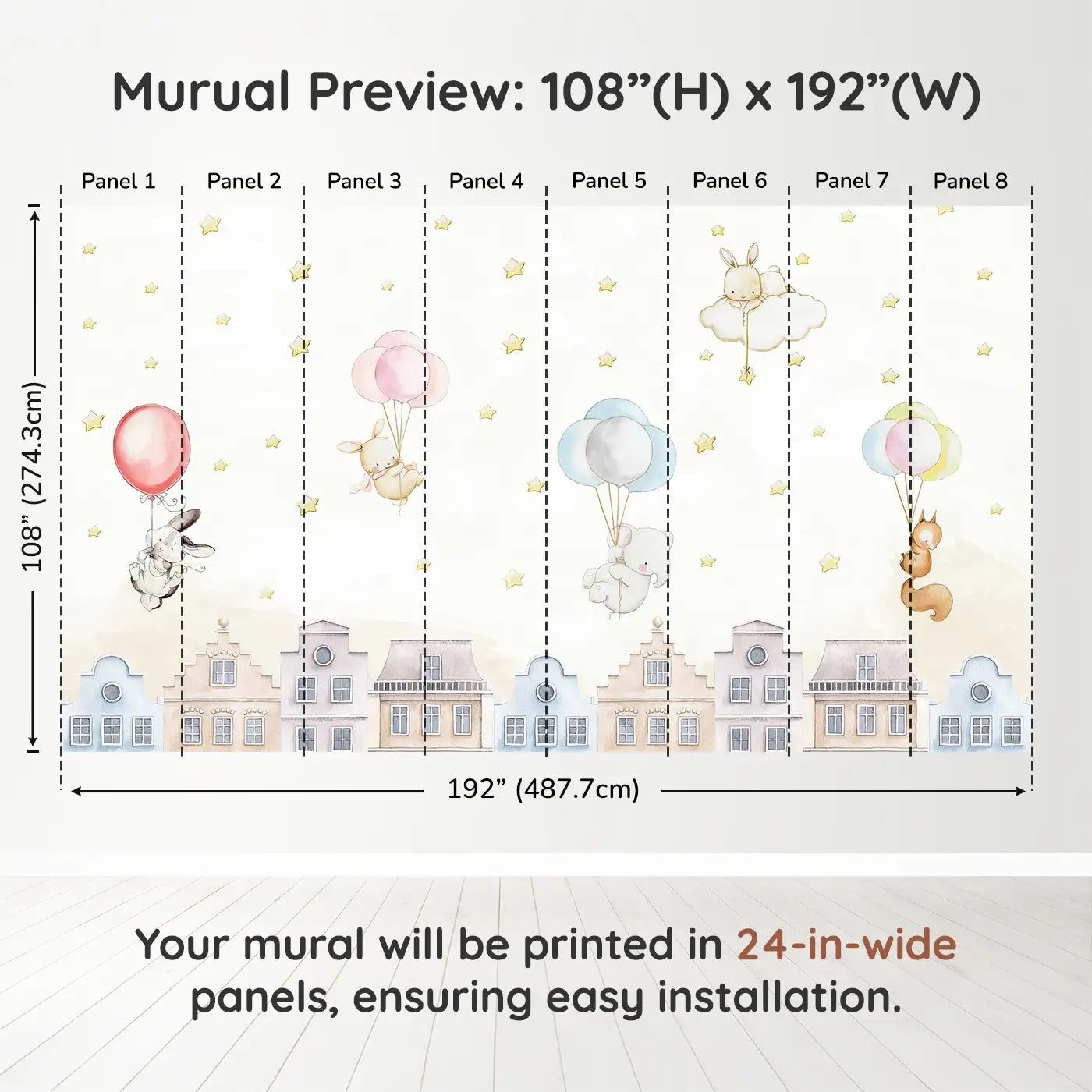 Whimsy Tots Balloon Adventure Friends Wall Muraldimension view (108" H x 192" W). Printed in eight 24-inch-wide panels. Gentle animals float over rooftops on balloon rides through a starlit sky.