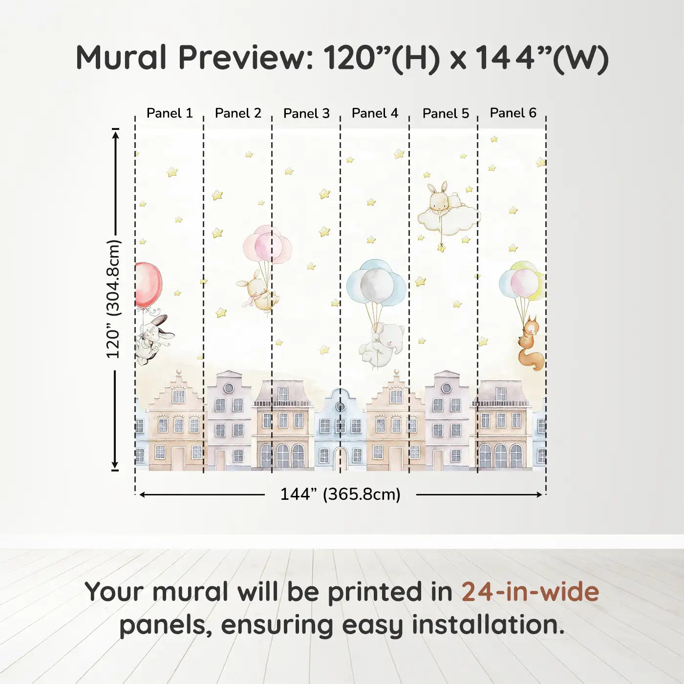 Whimsy Tots Balloon Adventure Friends Wall Muraldimension view (120" H x 144" W). Printed in six 24-inch-wide panels. Gentle animals float over rooftops on balloon rides through a starlit sky.