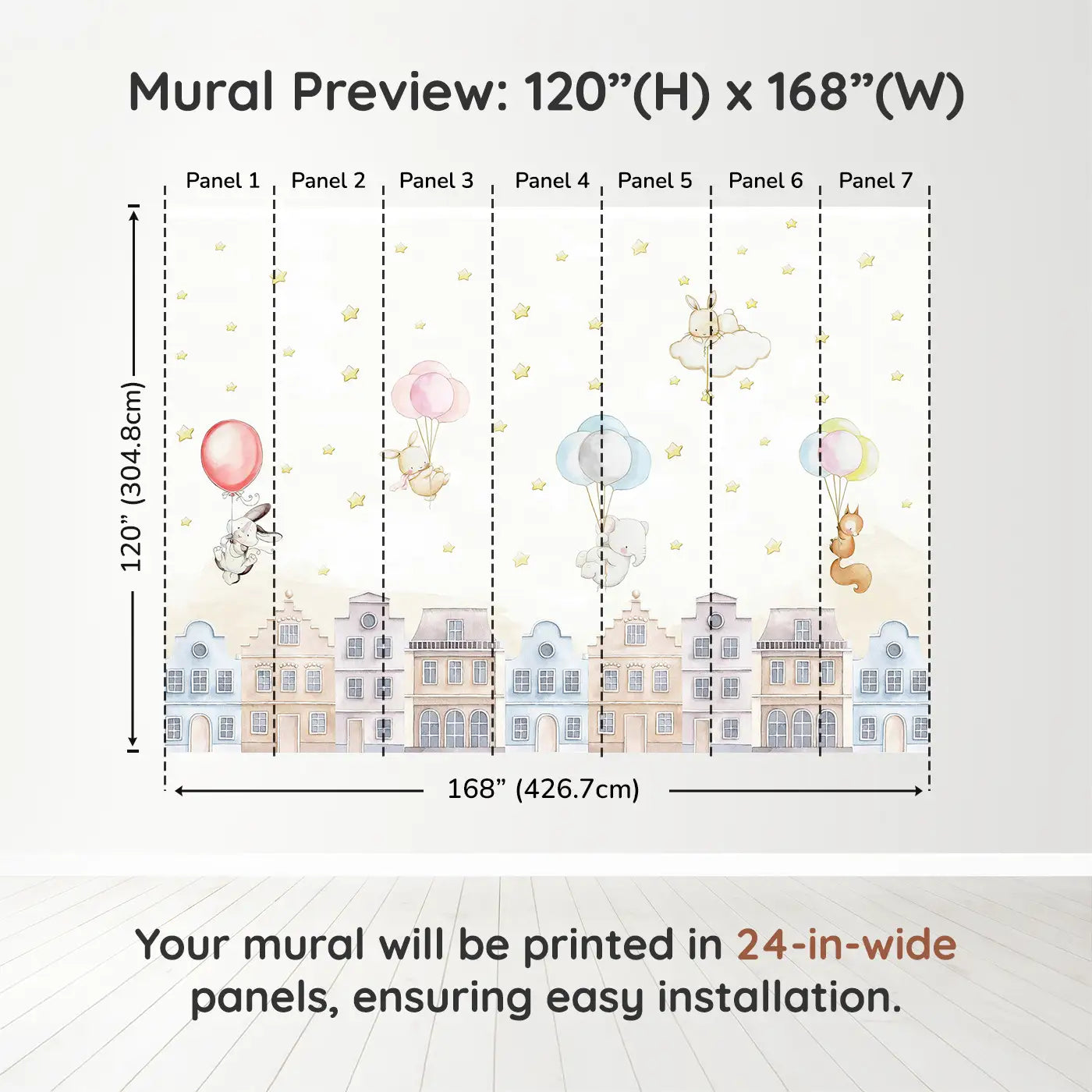 Whimsy Tots Balloon Adventure Friends Wall Muraldimension view (120" H x 168" W). Printed in seven 24-inch-wide panels. Gentle animals float over rooftops on balloon rides through a starlit sky.