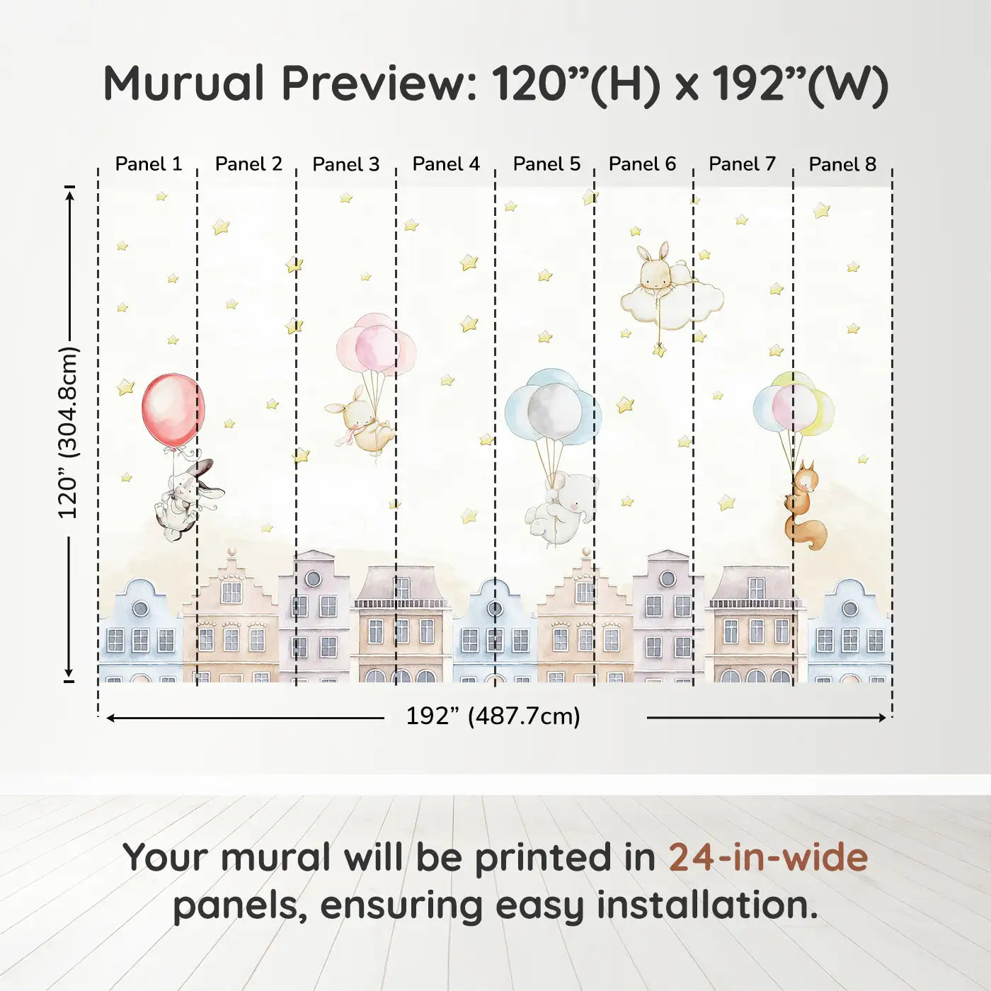 Whimsy Tots Balloon Adventure Friends Wall Muraldimension view (120" H x 192" W). Printed in eight 24-inch-wide panels. Gentle animals float over rooftops on balloon rides through a starlit sky.