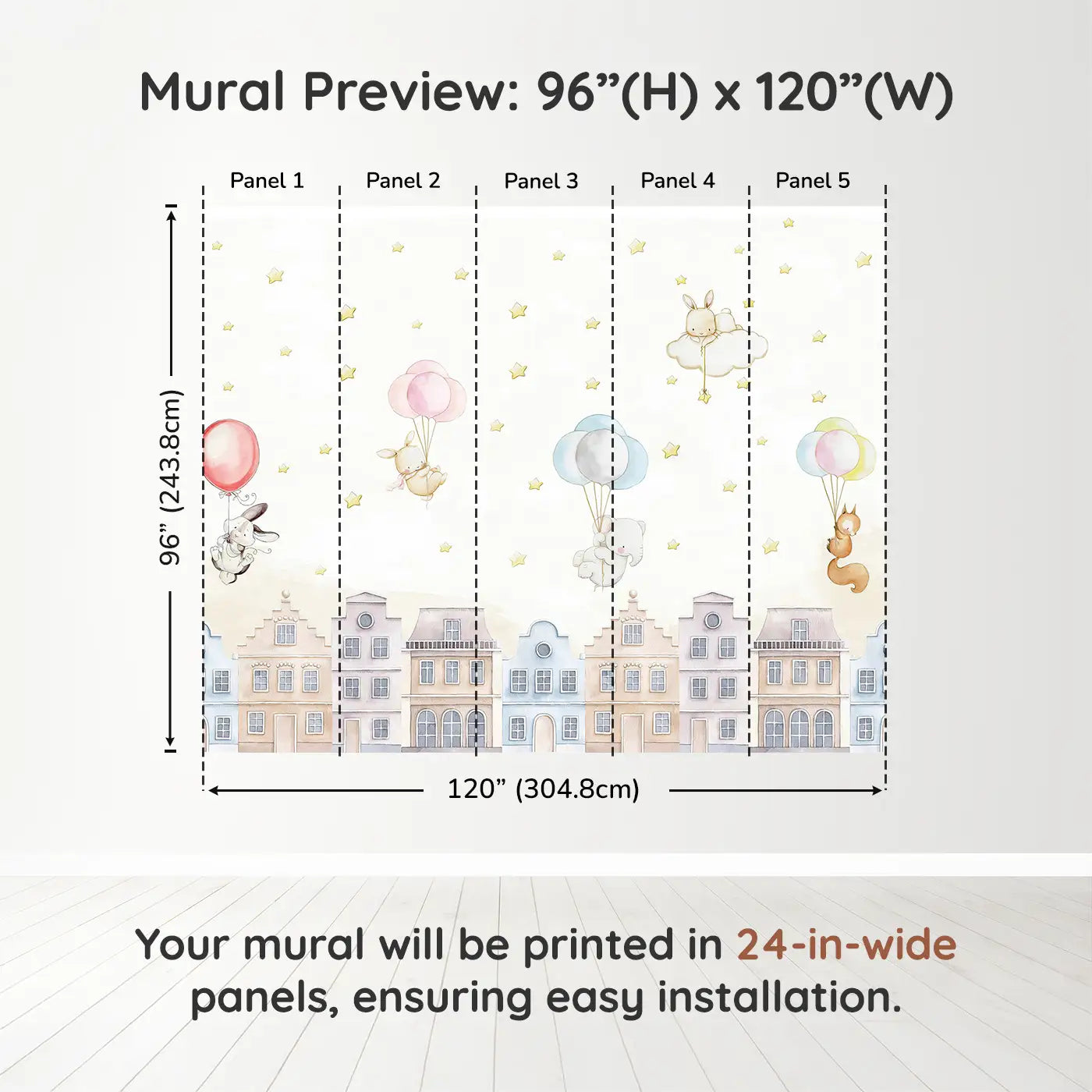 Whimsy Tots Balloon Adventure Friends Wall Muraldimension view (96" H x 120" W). Printed in five 24-inch-wide panels. Gentle animals float over rooftops on balloon rides through a starlit sky.