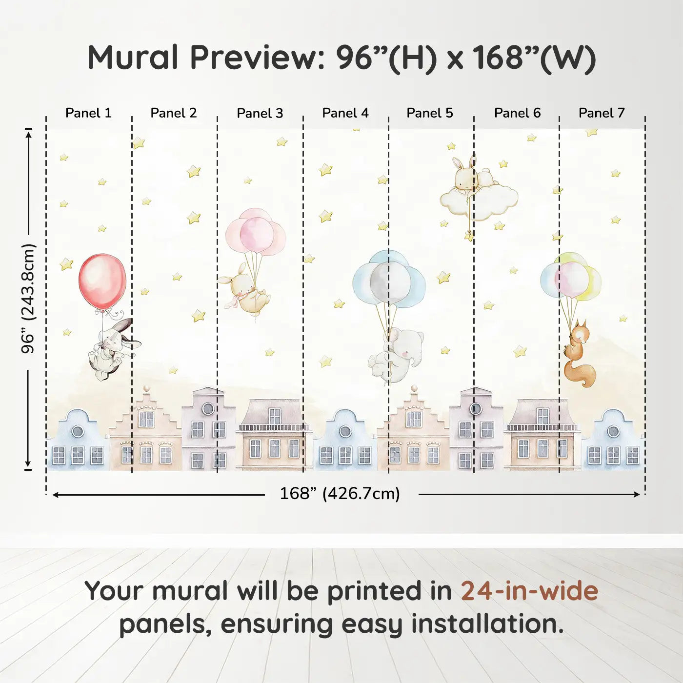 Whimsy Tots Balloon Adventure Friends Wall Muraldimension view (96" H x 168" W). Printed in seven 24-inch-wide panels. Gentle animals float over rooftops on balloon rides through a starlit sky.