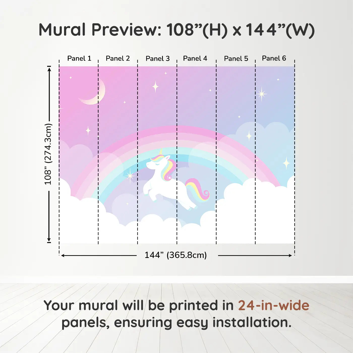 Whimsy Tots Dreamy Unicorn Skies Wall Muraldimension view (108" H x 144" W). Printed in six 24-inch-wide panels. Soft rainbows and sleepy unicorns float through starlit dreams.