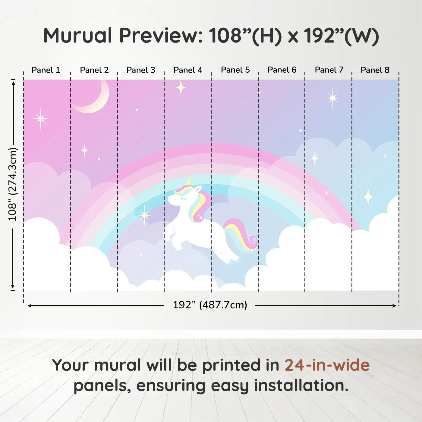 Whimsy Tots Dreamy Unicorn Skies Wall Muraldimension view (108" H x 192" W). Printed in eight 24-inch-wide panels. Soft rainbows and sleepy unicorns float through starlit dreams.