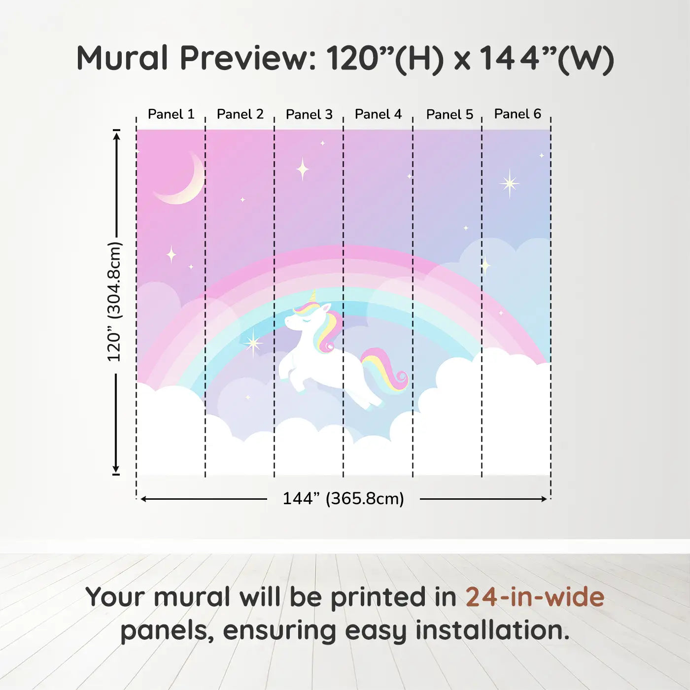 Whimsy Tots Dreamy Unicorn Skies Wall Muraldimension view (120" H x 144" W). Printed in six 24-inch-wide panels. Soft rainbows and sleepy unicorns float through starlit dreams.