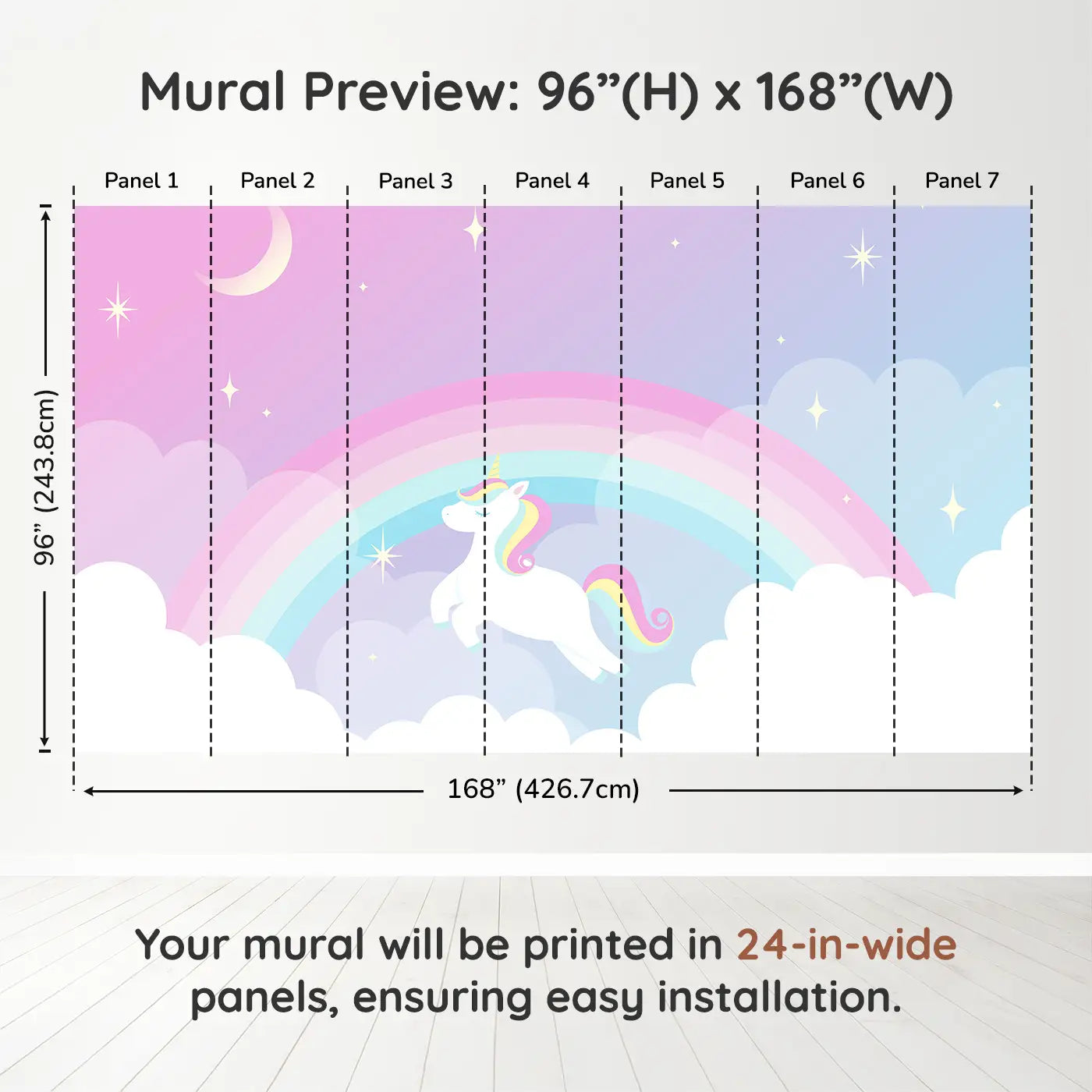 Whimsy Tots Dreamy Unicorn Skies Wall Muraldimension view (96" H x 168" W). Printed in seven 24-inch-wide panels. Soft rainbows and sleepy unicorns float through starlit dreams.