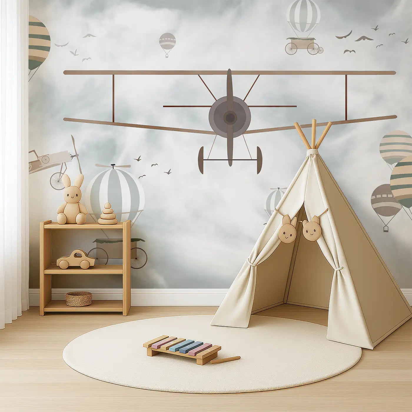 Angled view of Whimsy Tots' Vintage Air Adventures Wall Mural (M0247).Soaring airships and dreamy planes drift through soft vintage skies.