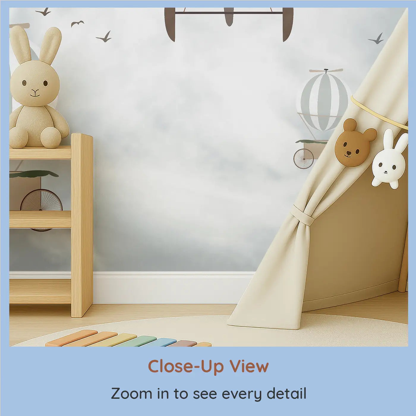 Close-up view of Whimsy Tots' Vintage Air Adventures Wall Mural (M0247).Soaring airships and dreamy planes drift through soft vintage skies.