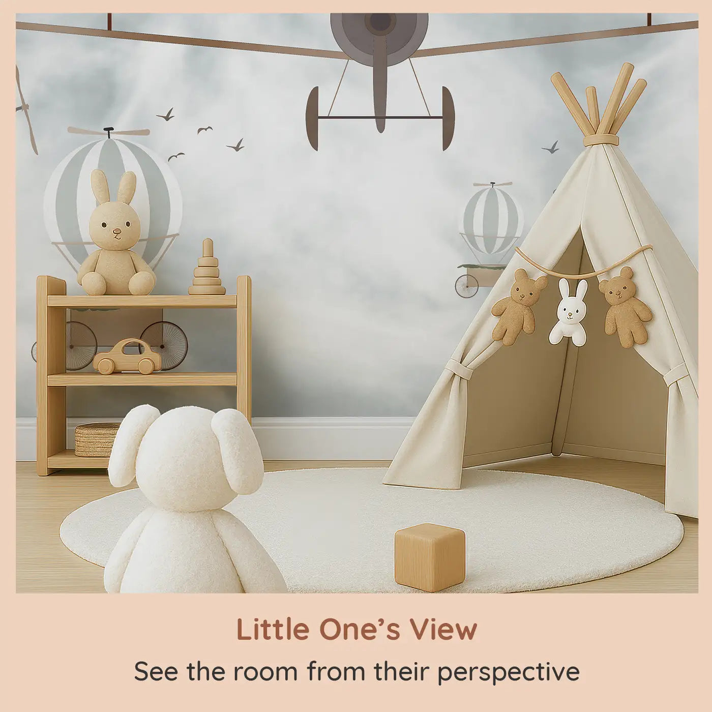 Whimsy Tots Vintage Air Adventures Wall Mural (M0247) from your child's view.Soaring airships and dreamy planes drift through soft vintage skies.
